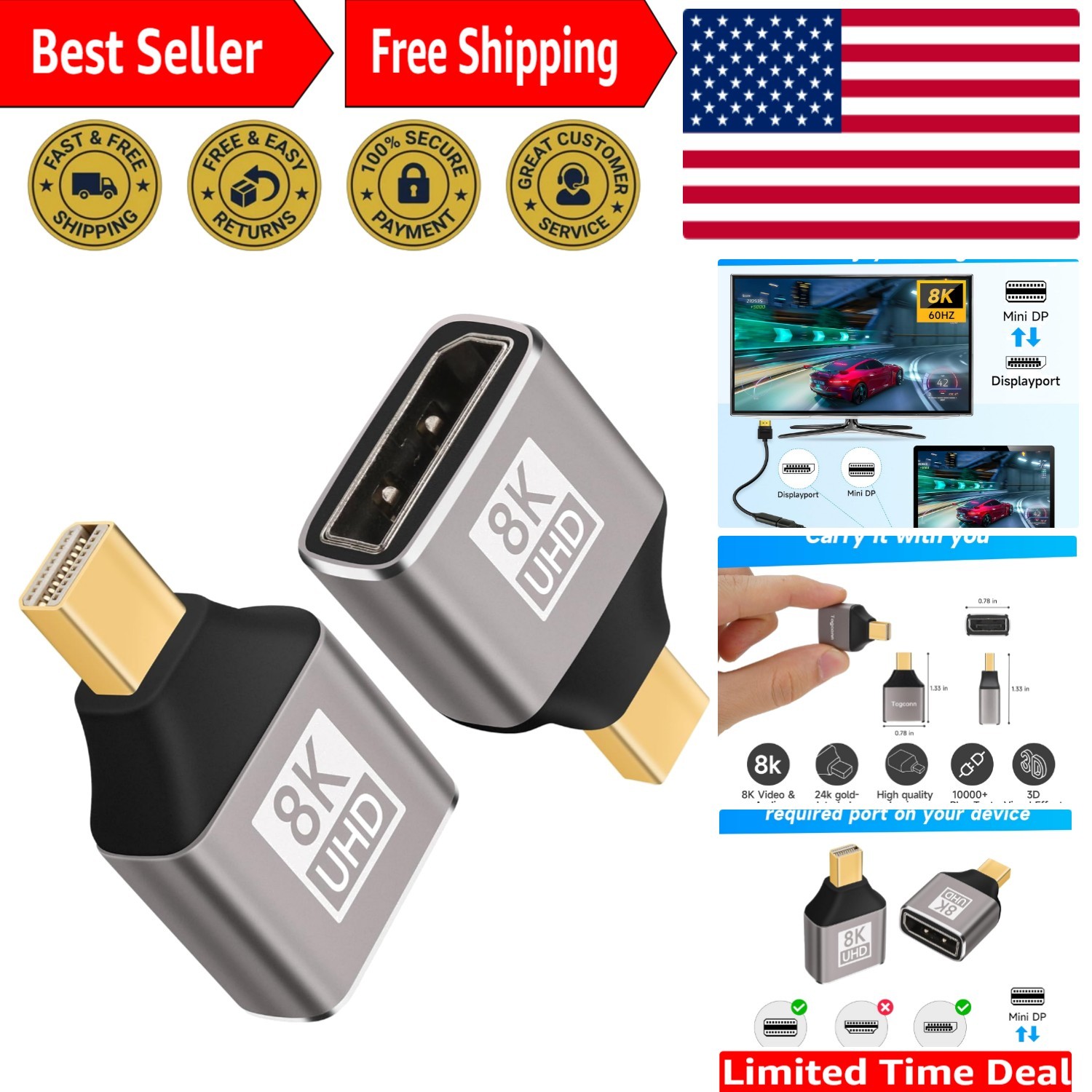 8K Mini DisplayPort to DisplayPort Adapter - 2 Pack, Bi-directional Connector