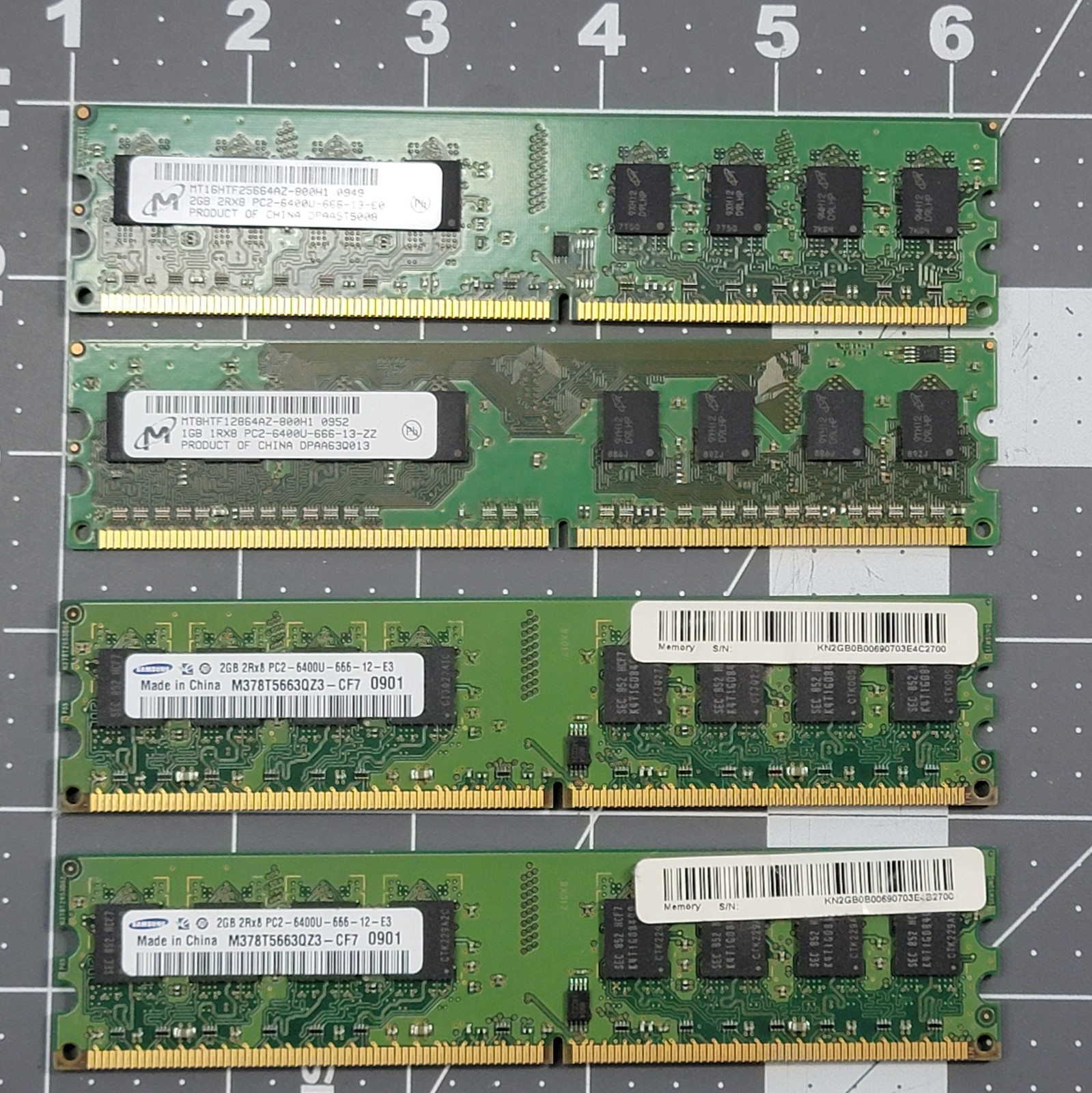 Lot of 4 DDR 2 Desktop Ram Sticks 2x2GB Samsung 1x1GB Micron 1x2GB Micron