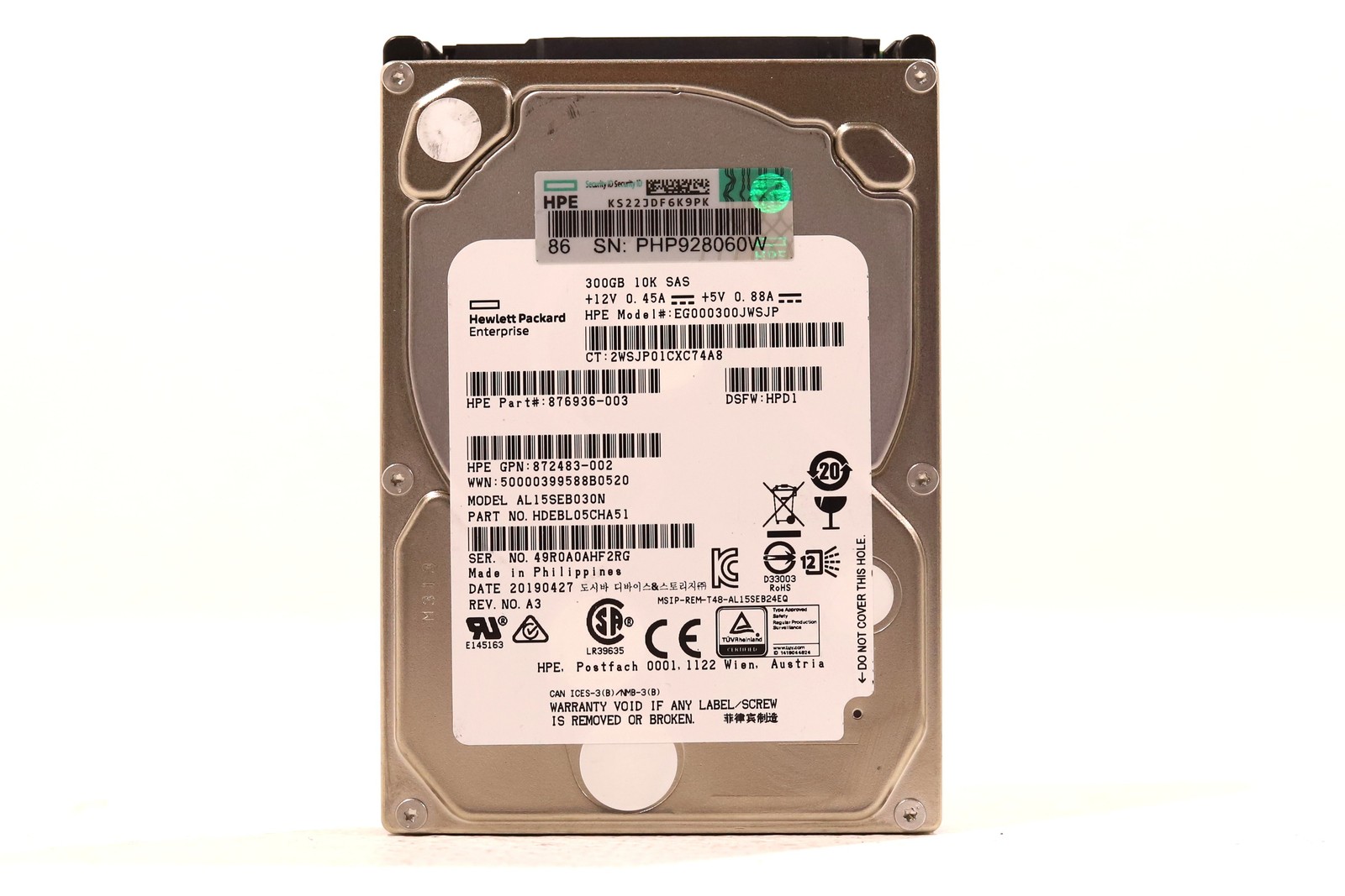 HPE EG000300JWSJP 300GB 2.5" 12Gb/s 10K RPM SAS Hard Drive P/N:872483-002 Tested