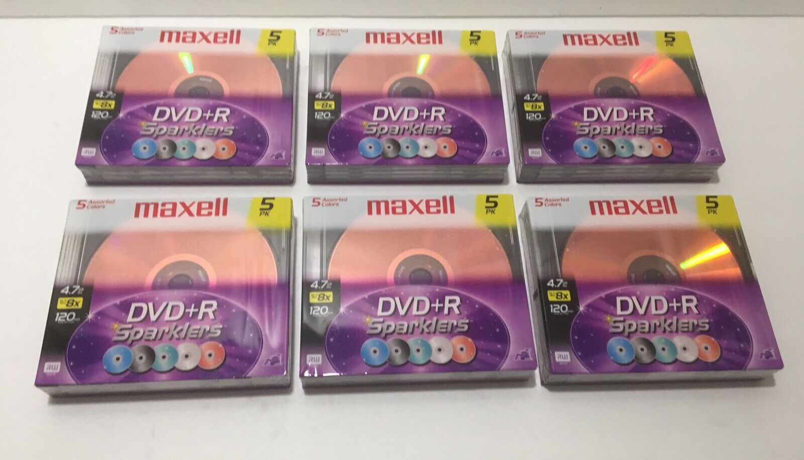 Maxell DVD+R Sparklers 5pk - (lot of 6) (RW, 4.7gb, up to 8x, 120 minutes) NEW