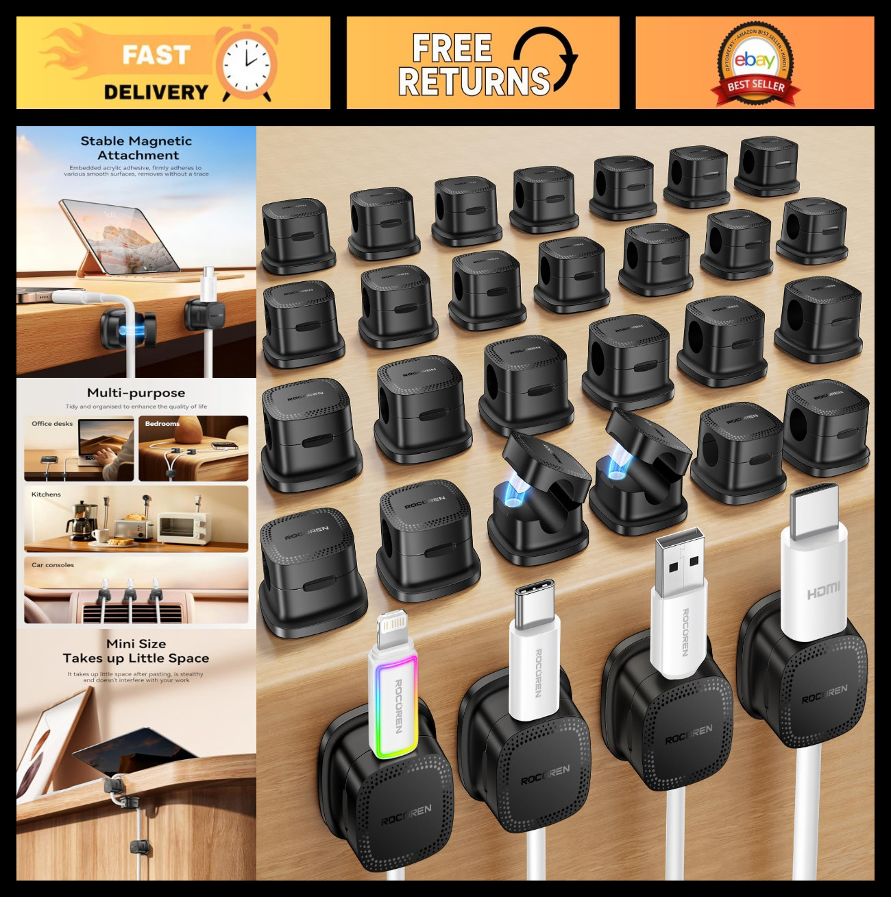 30-Pack Magnetic Cable Clips & Straps - Adjustable Cord Organizer for Home/Offic