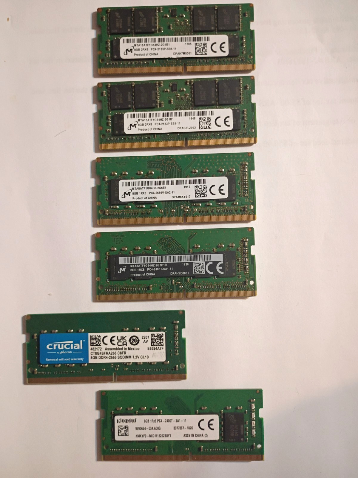 (4)MICRON (1)KINGSTON (1)CRUCIAL 8GB DDR4 LAPTOP RAM, 2400T, 2666V, 2133 SPEEDS