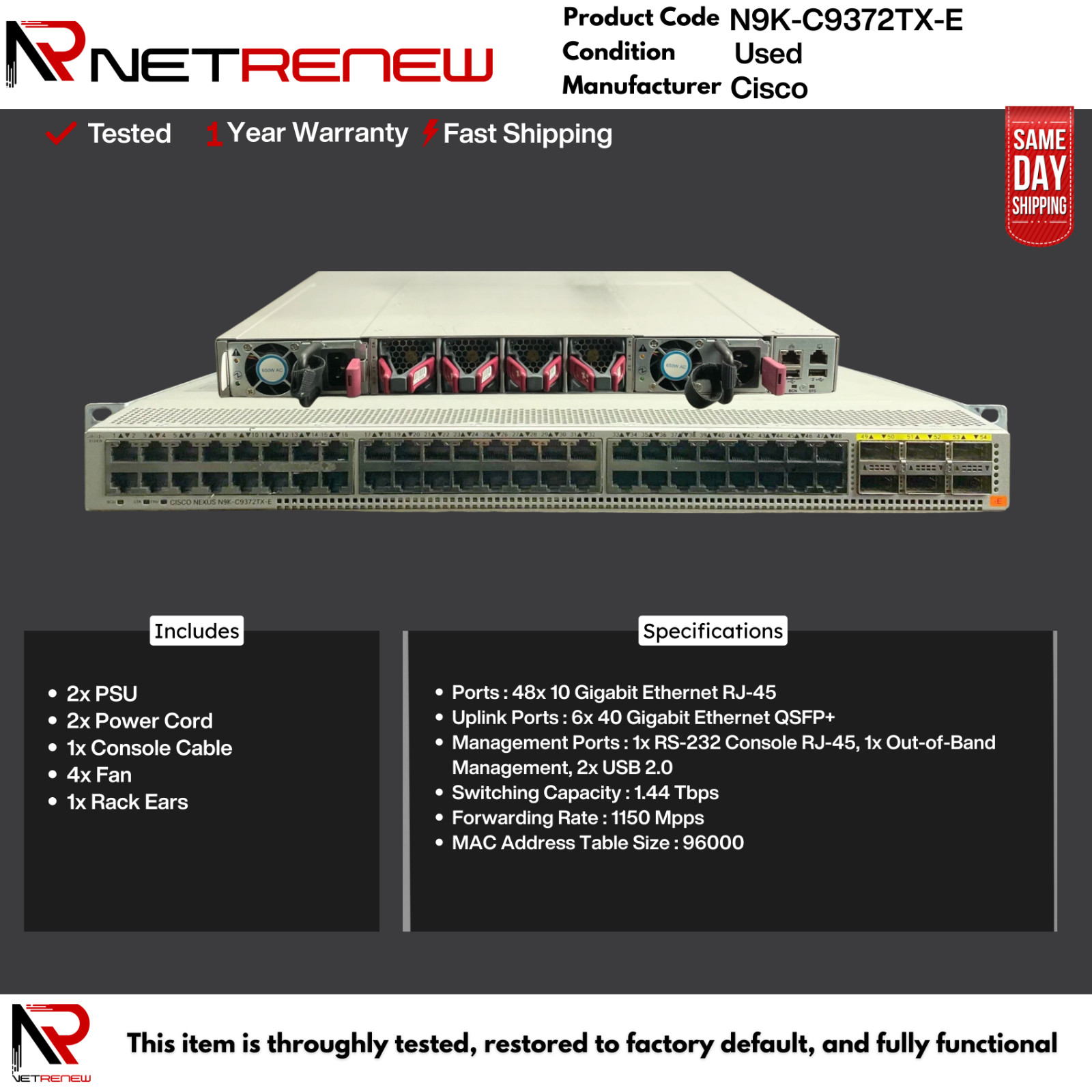 N9K-C9372TX-E Cisco Nexus 48 Port 1/10G-T 6 Port 40G QSFP+ Front-to-Back
