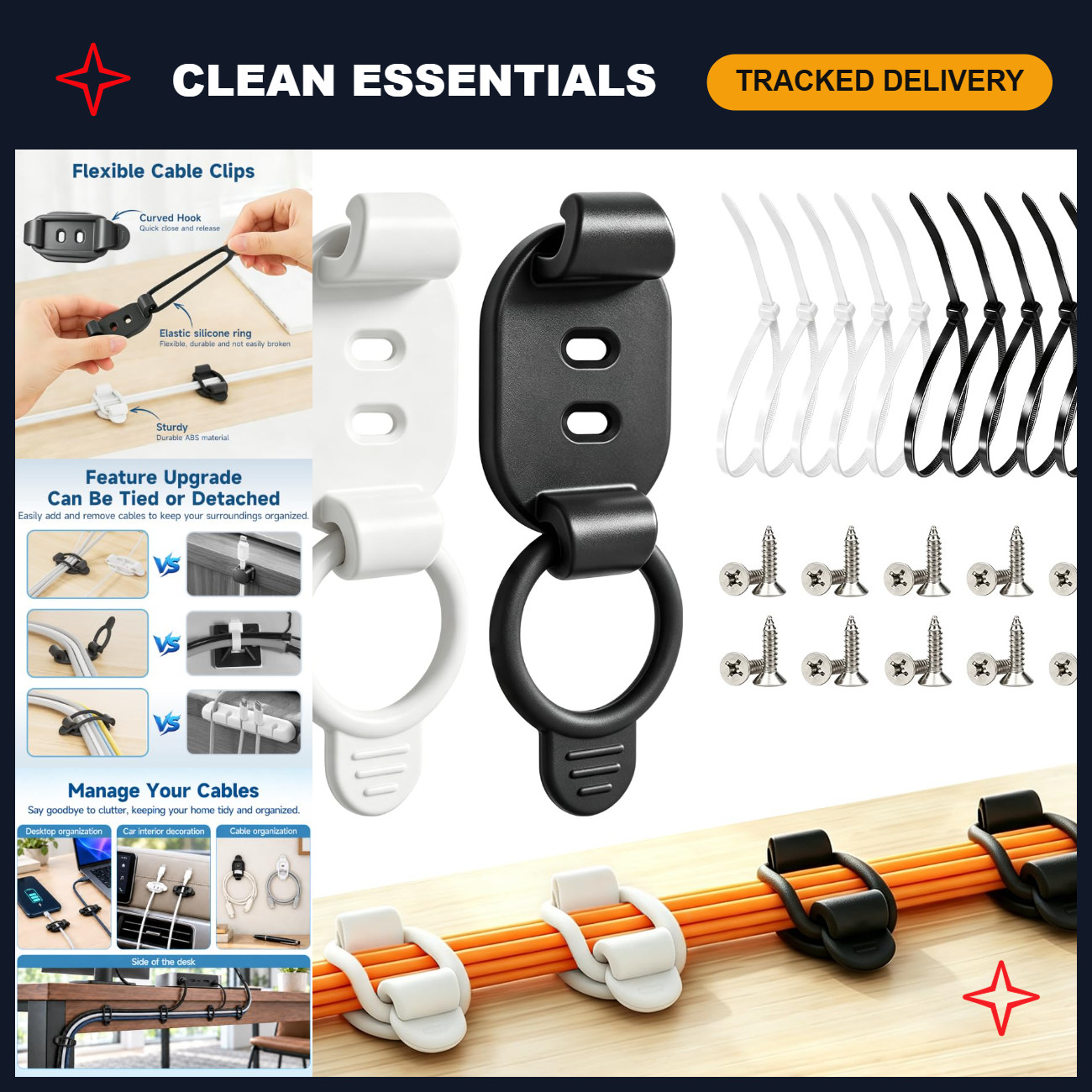 20 Sets Adjustable Cable Management Clips - Self-Adhesive Cord Organizers for Ho