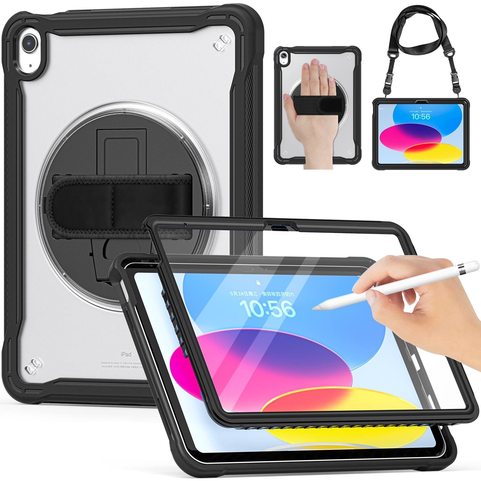 Fr iPad 10th Generation 10.9" Kids Case Heavy Duty Rotating Stand Shoulder Strap