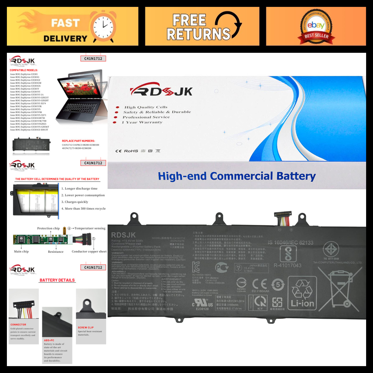 High-Performance Laptop Battery for ROG Zephyrus GX501 Series 15.4V 50Wh Replace