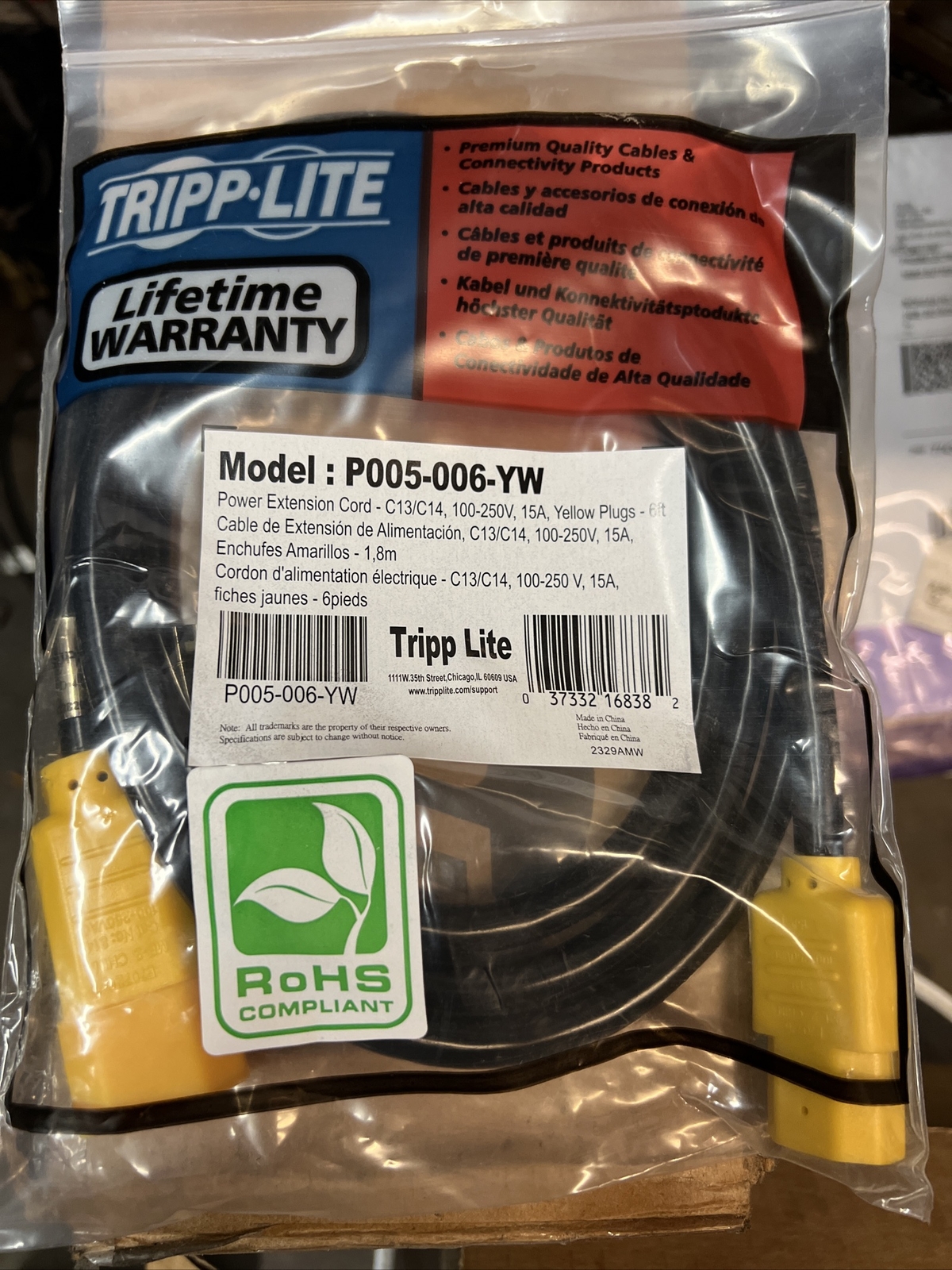 Tripp Lite Model: P005-006-YW, C13/C14, 100-250V, 15A 6ft Ext Pwr Cord Yellow