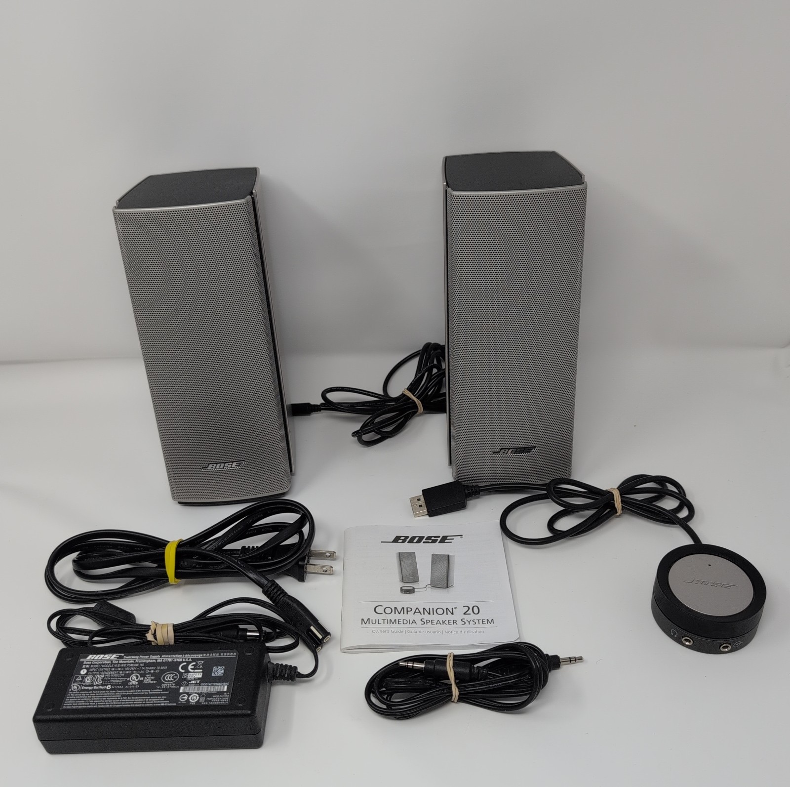 Bose Companion 20 Speaker System Silver, Wires, Pod, Owner's Manual - Tested
