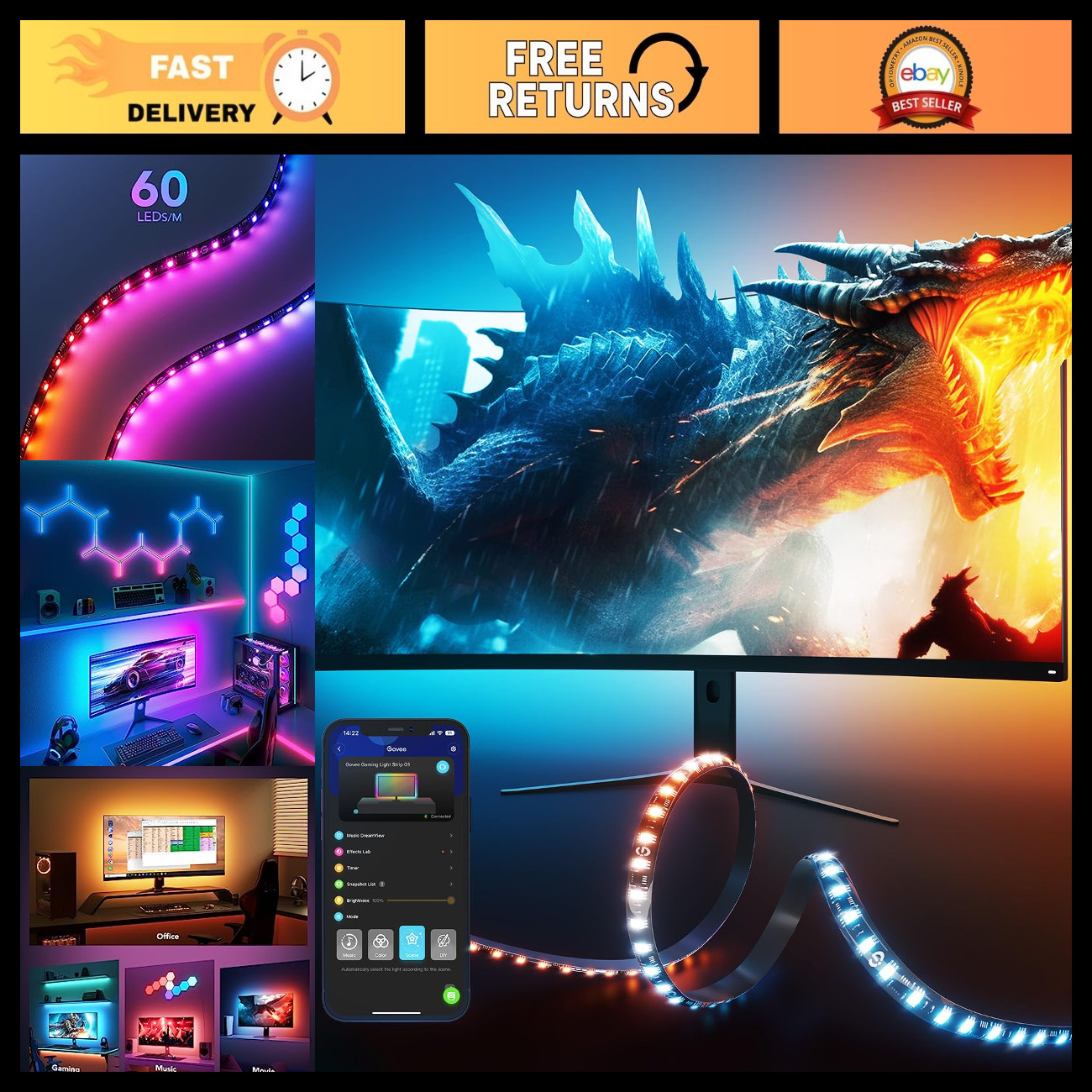 RGBIC Gaming Monitor Backlight, LED Strip Lights for 27-34 Inch PC, Ambiance Lig
