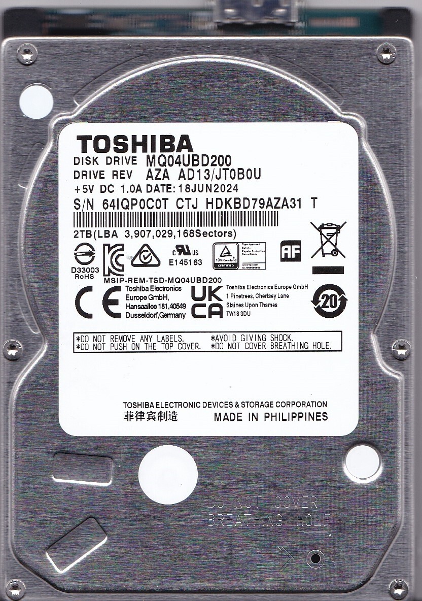 MQ04UBD200 rev: AZA AD13/JT0B0U HDKBD79AZA31 T JUN/ 2024 2TB USB 3.0 2.5 TOSHIBA