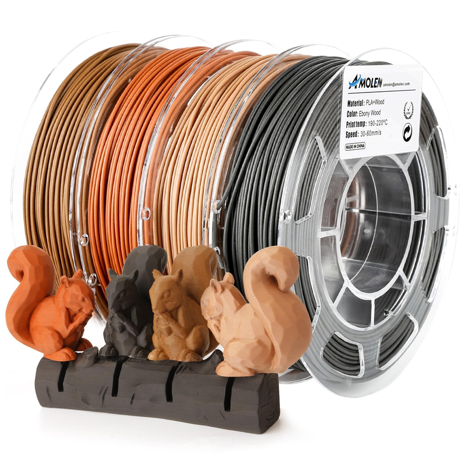 AMOLEN Wood Filament Bundle 3D Printing Filament Wood Sets,Walnut,Cherry Wood,Ba