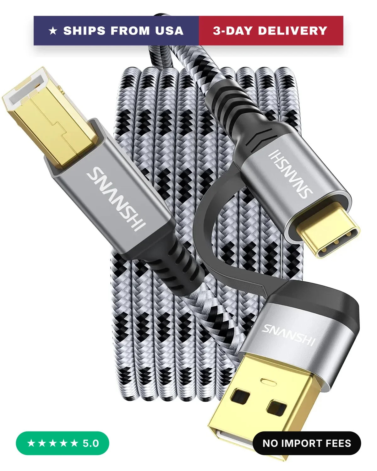 SNANSHI USB B to USB C 10 FT, Nylon Braided USB C to USB B Printer Cable for Pri
