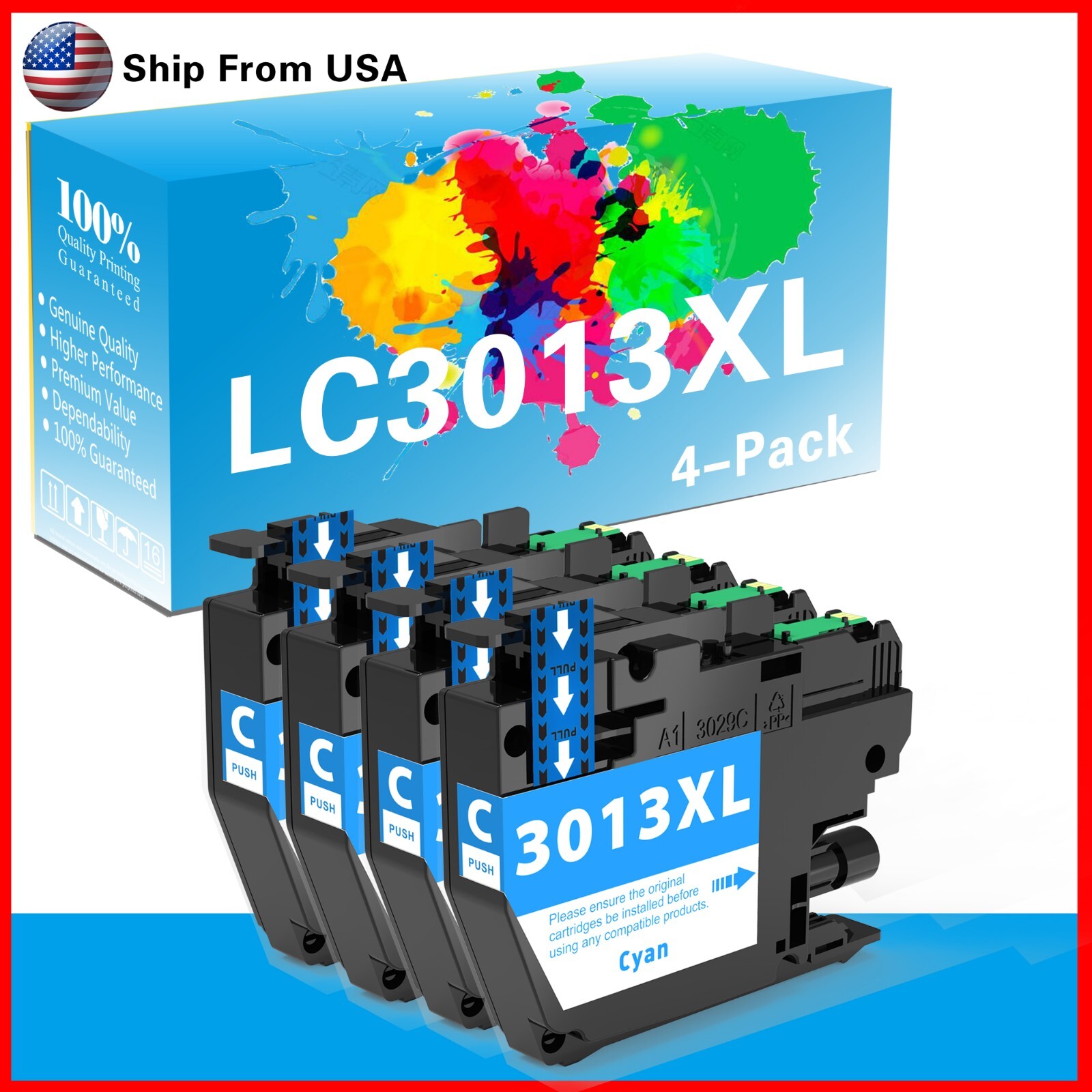 4Pcs LC3013XL Cyan Ink Cart For MFC-J895DW MFC-J497DW MFC-J690DW MFC-J491DW