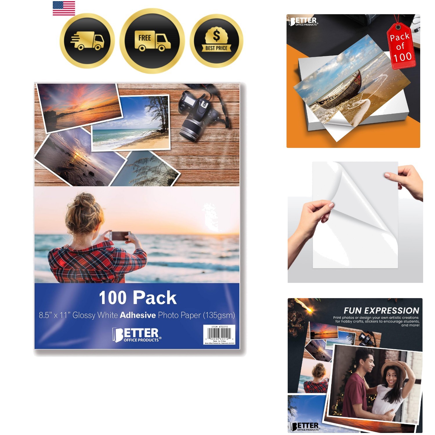 Self-Adhesive Photo Paper, Sticky Photo Paper, Glossy, 8.5 x 11 Inch, 100 She...