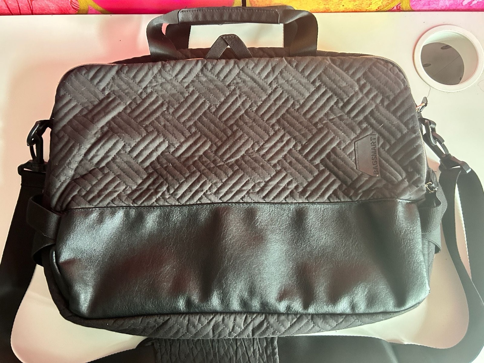 Bagsmart Black Quilted Laptop Bag Briefcase with Faux Leather Trim