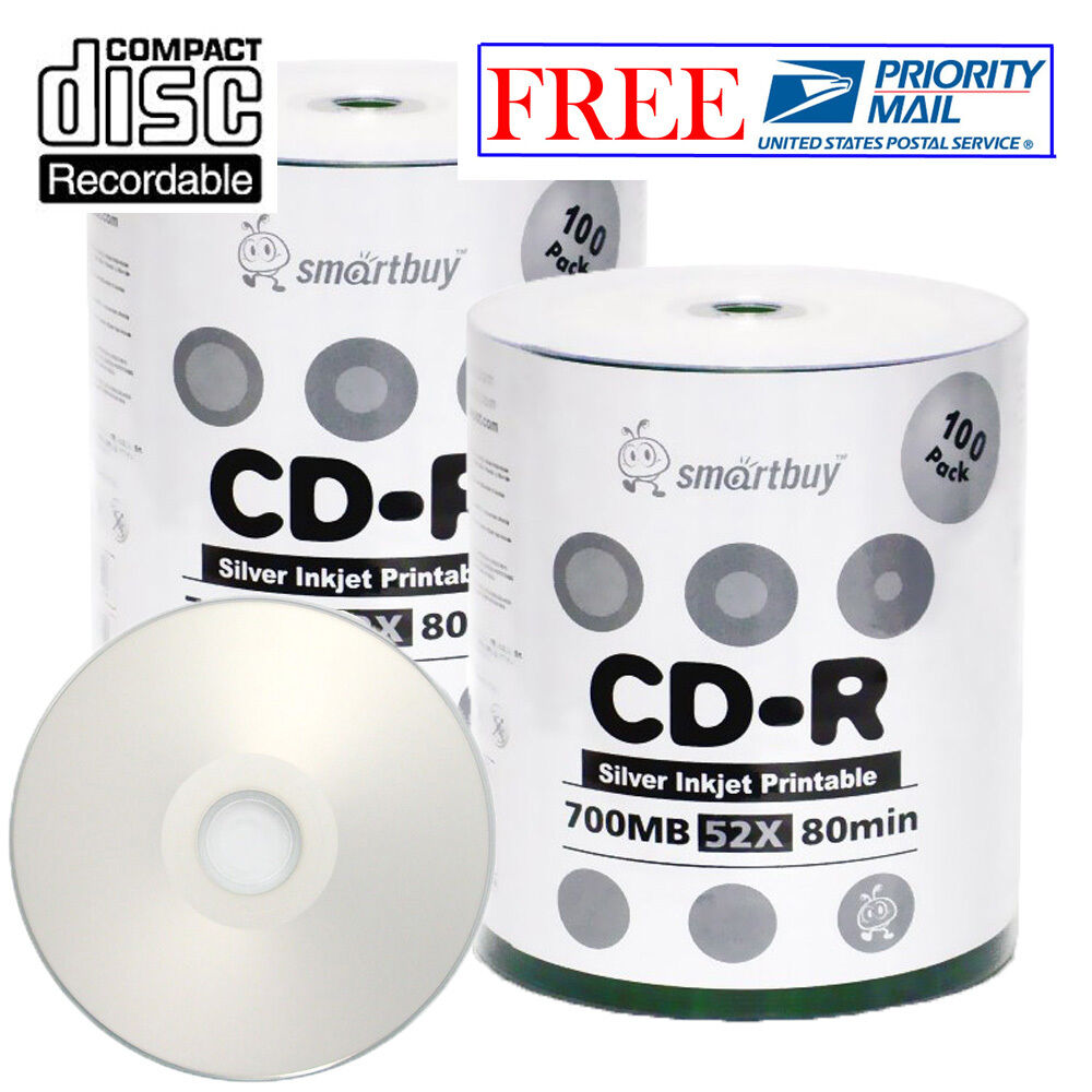200 Pcs SmartBuy CD-R 52X 700MB/80Min Silver Inkjet Printable Record Media Disc