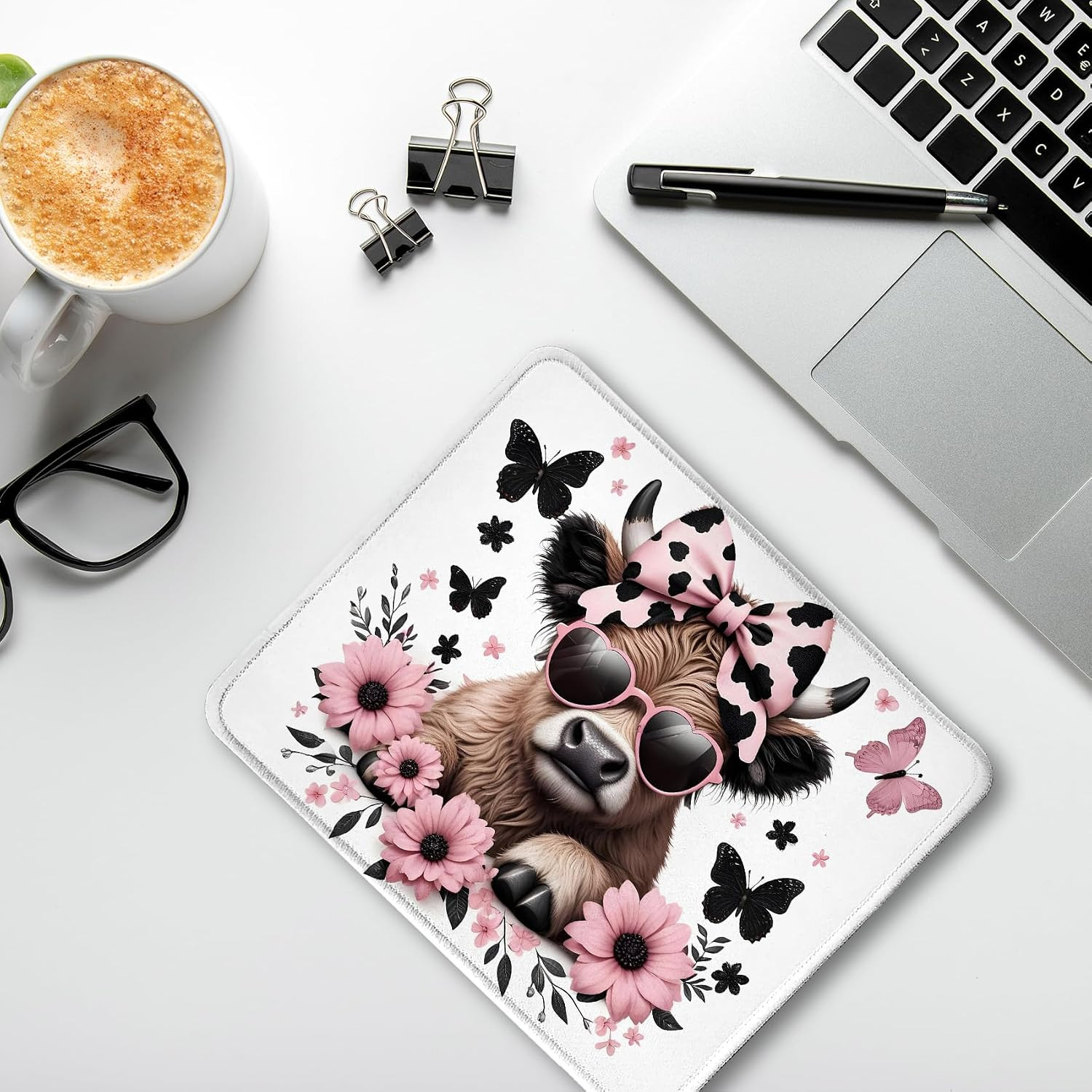 Highland Cow Mouse Pad, Coquette Pink Bow Floral Cow Mouse Pads for Wireless ...