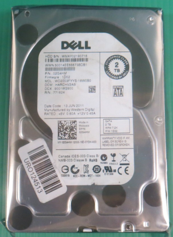 Dell / 2TB / 64MB / SATA / 7.2K / 3.5" HDD WD2003FYYS-18W0B0 / 02G4HM / Refurb