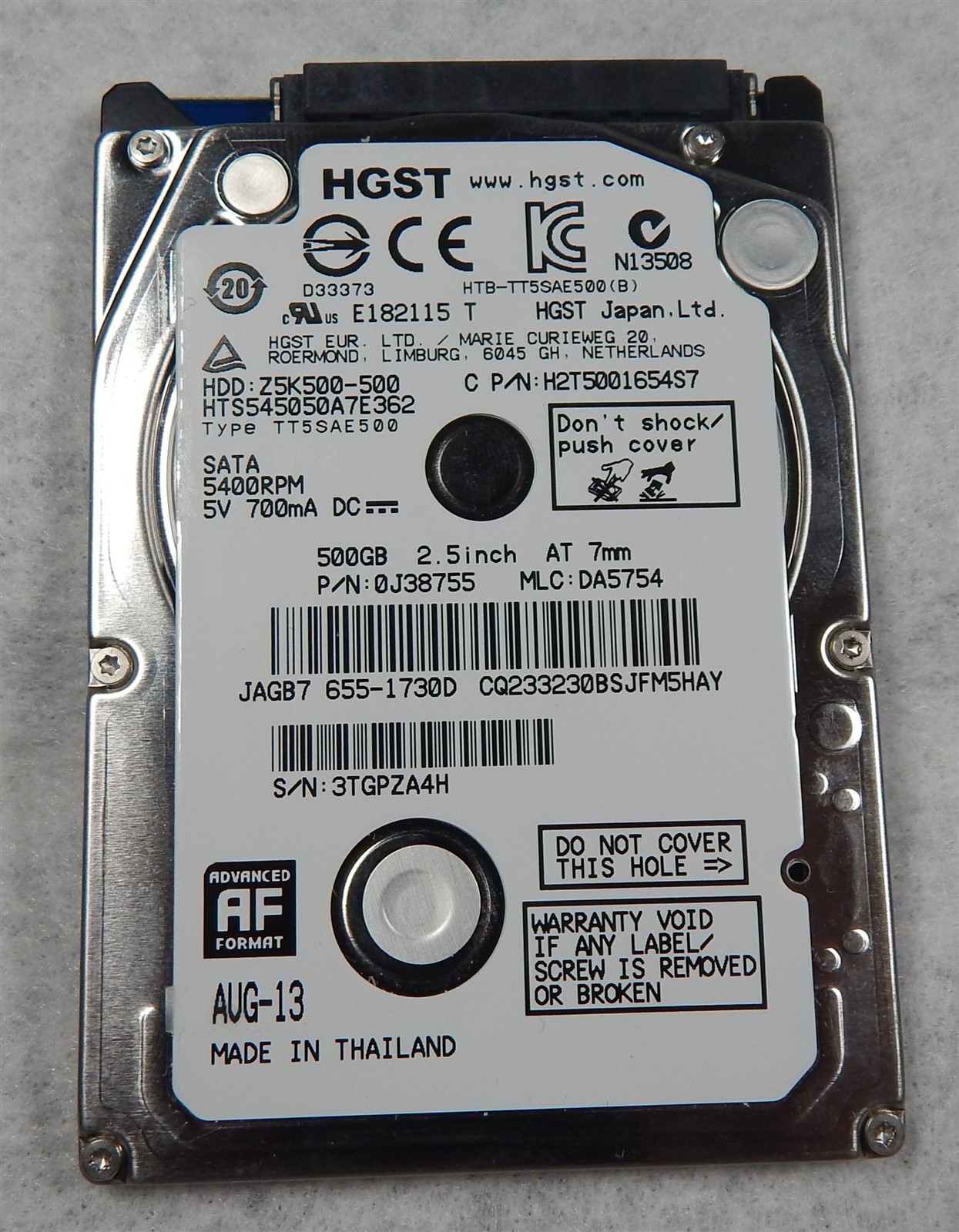 500GB 2.5in SATA HGST HDD Z5K500-500 SN:3TGPZA4H PN:0J38755 DOM:08/2013