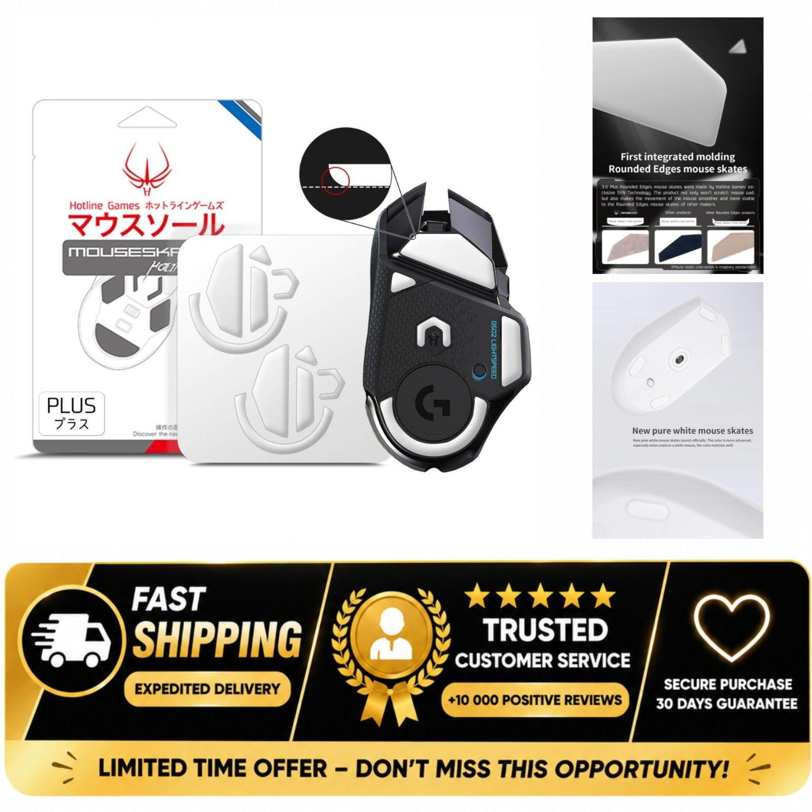 HOTLINEGAMES 3.0 Plus Rounded Mouse Skates for Logitech G502 Wireless, White