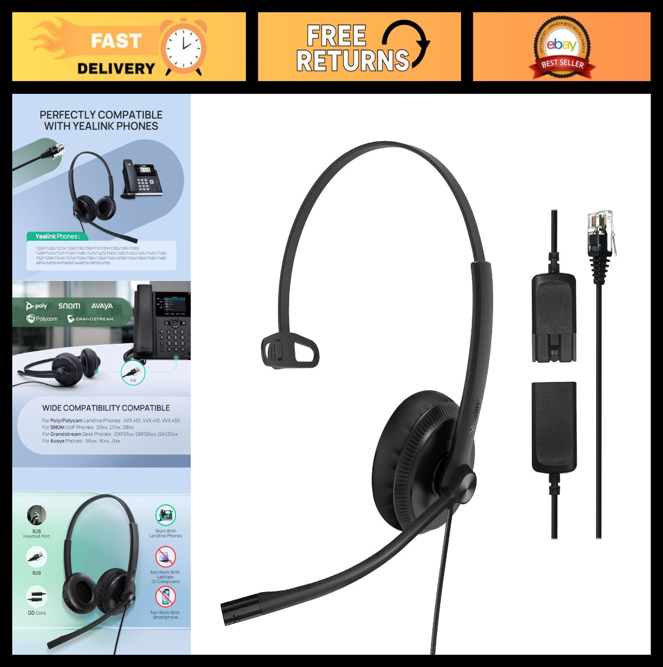 Wired Mono Headset for Office Phones - QD to RJ9, Compatible with Poly, Snom, Gr