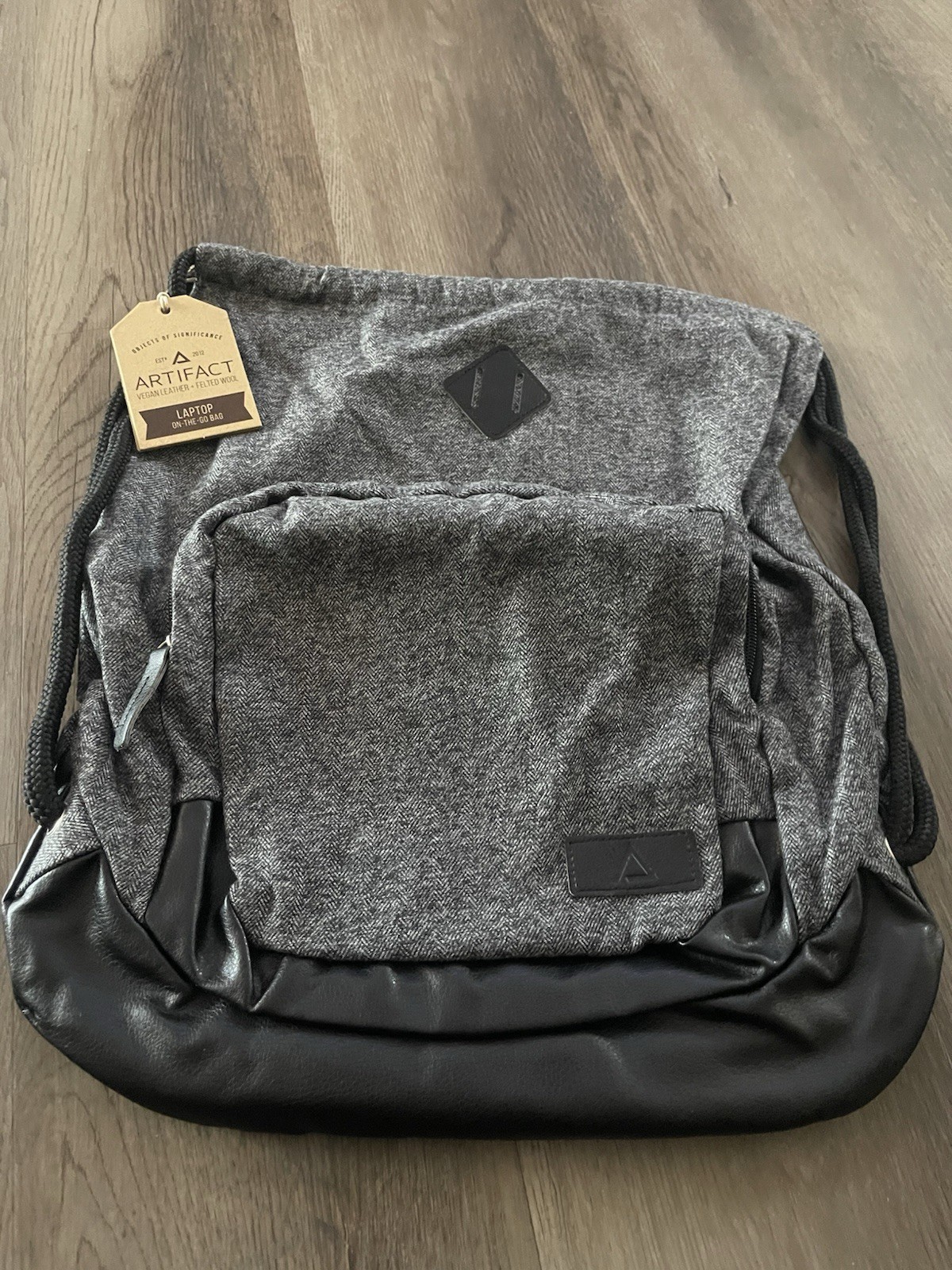Artifact vegan leather felted wool laptop drawstring backpack gray herringbone