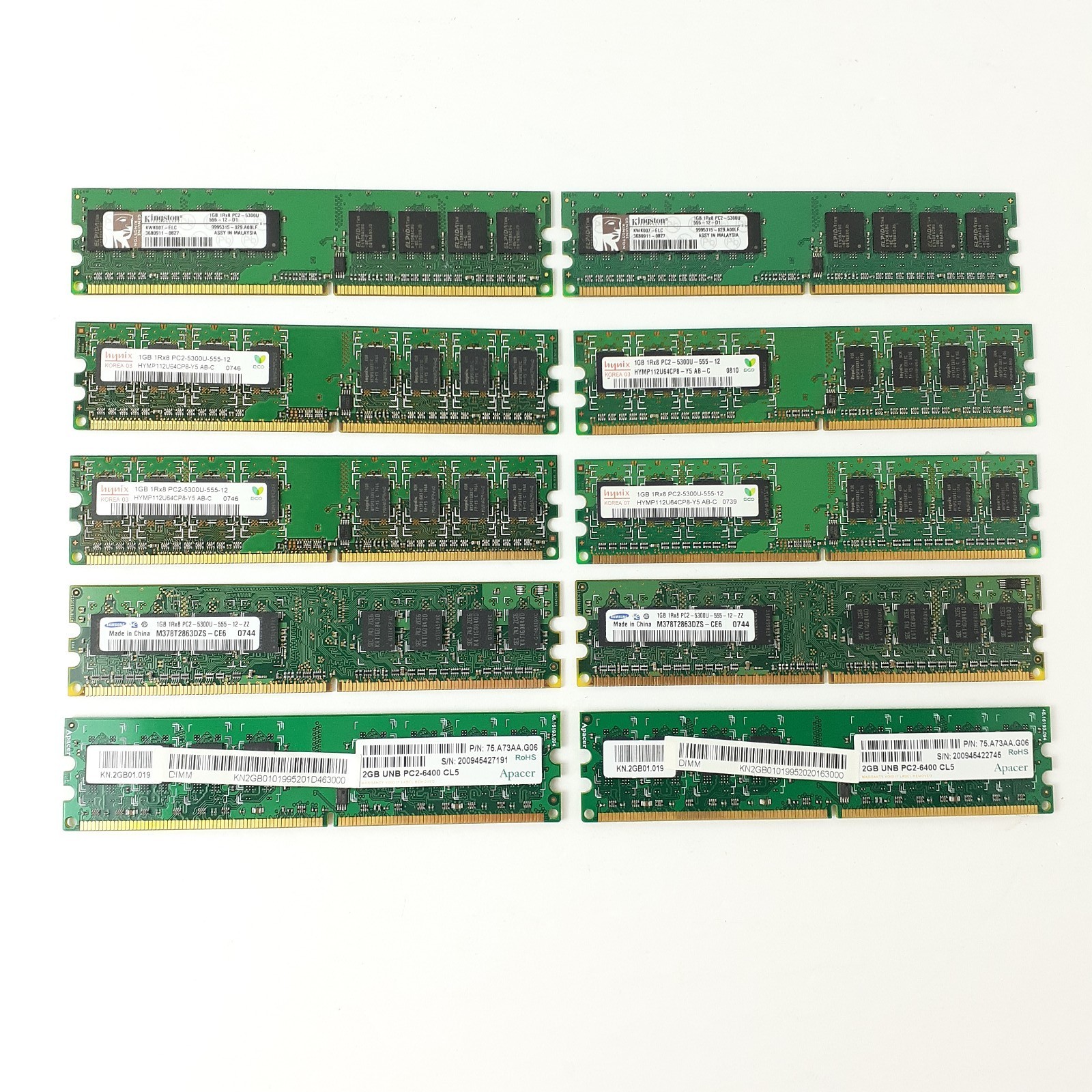 Lot of 10 Mixed DDR2 SDRAM Memory RAM 8x1GB 2x2GB Kingston Samsung Hynix TESTED