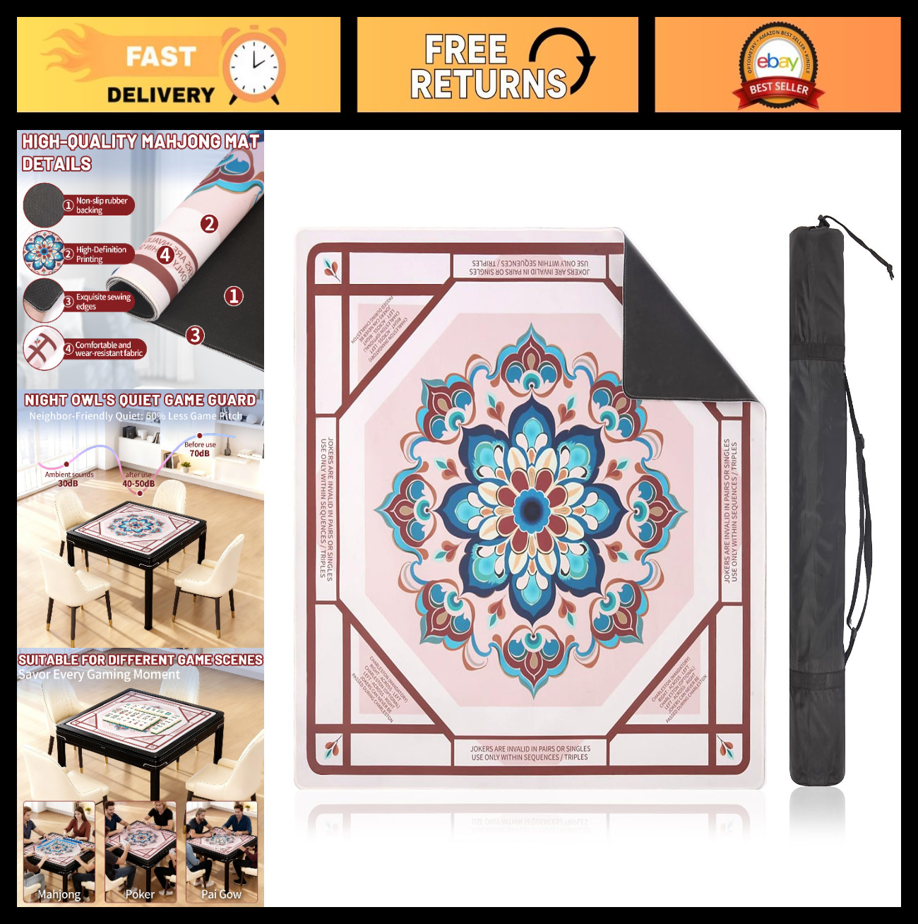Non-Slip Waterproof Mahjong Mat 31.5" - Noise Reduction Gaming Surface