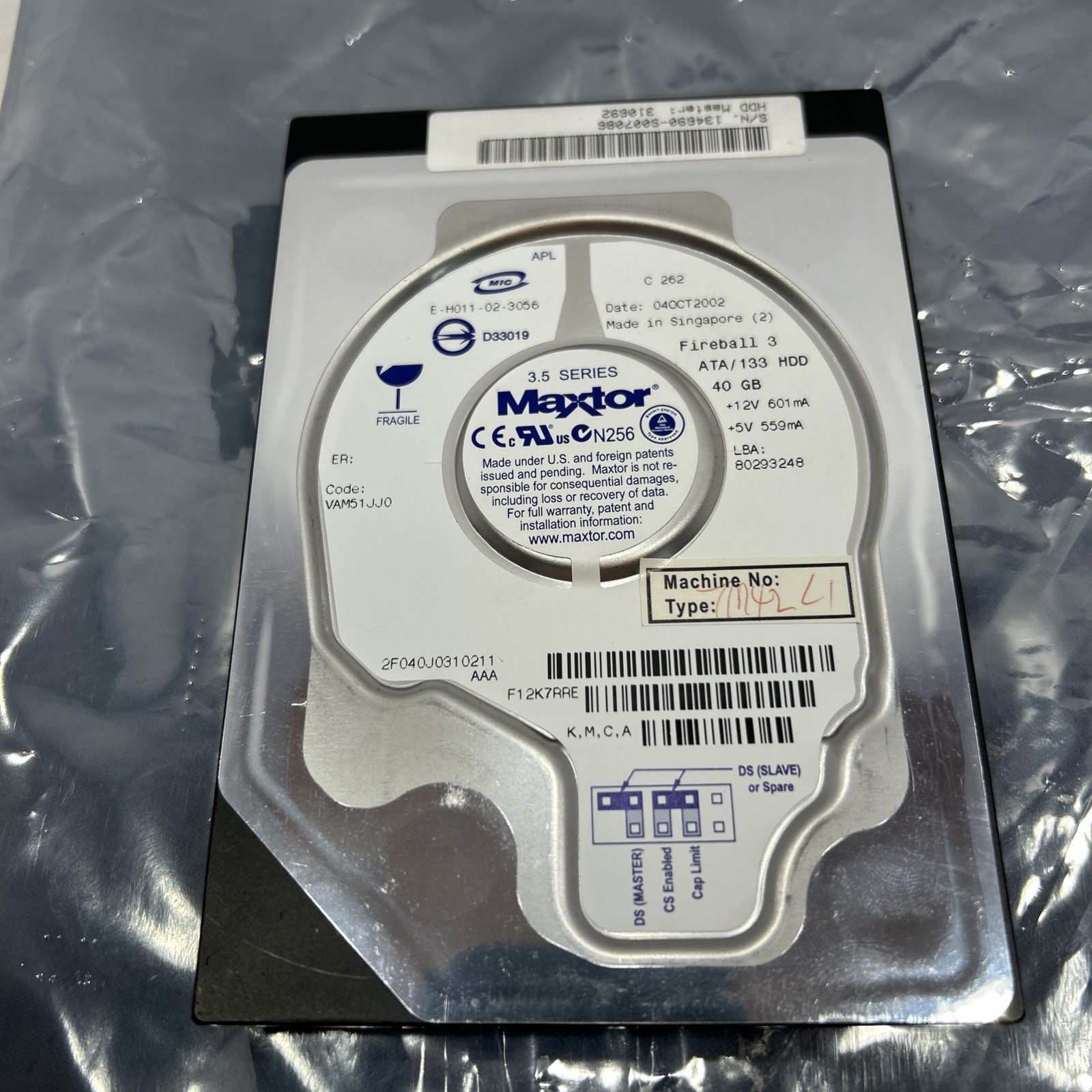 Maxtor fireball 3 ata/133 hdd 40gb. See Picture For Machine Type.