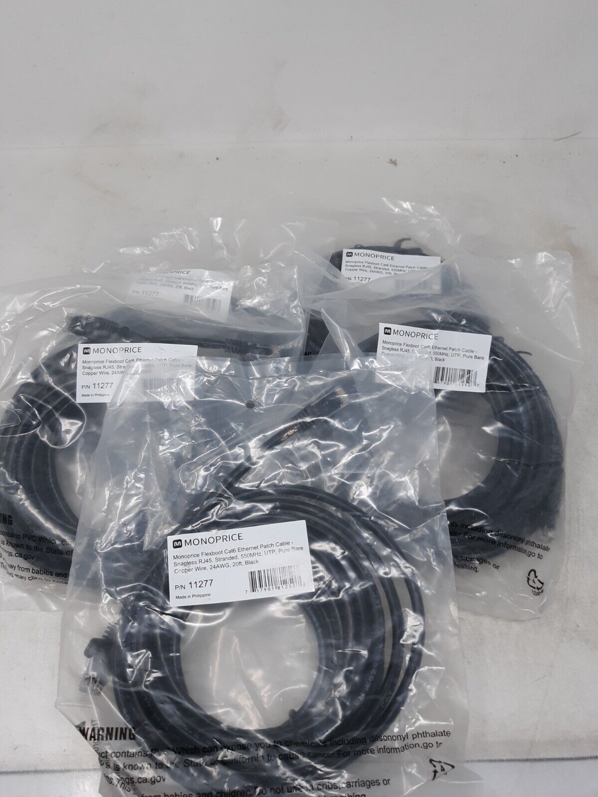 Lot of 4 Monoprice 11277 Black 20ft Patch Cord 550 Mhz Category 6 (UTP)