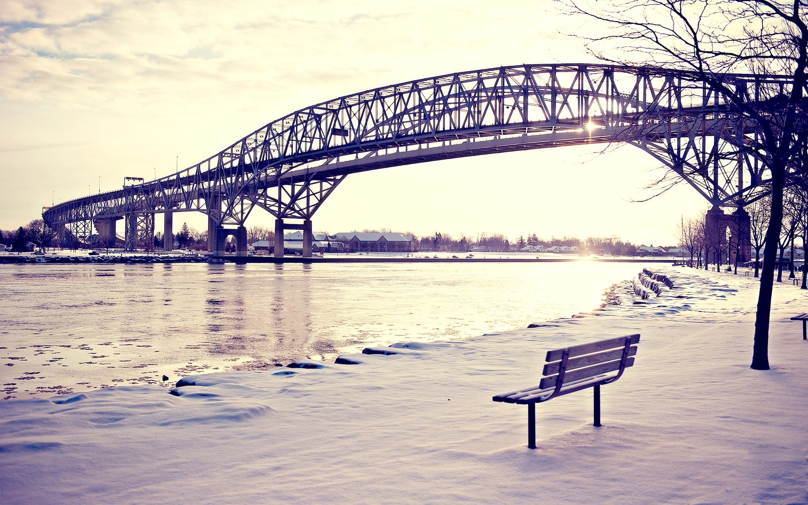 Landscape bridge bench snow lake photography water Custom Gaming Mat Desk