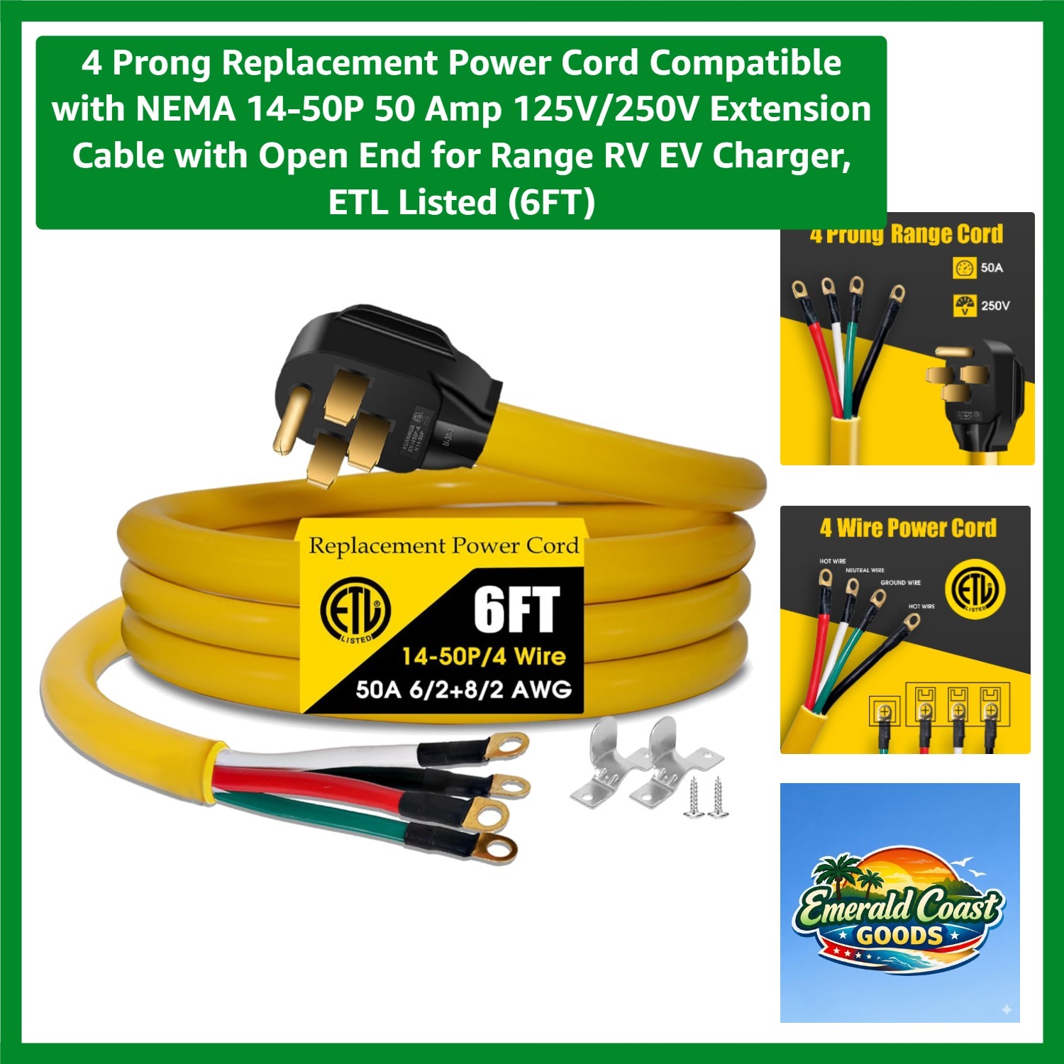 Listed 6FT 50 Amp NEMA 14-50P Extension Cable - 4 Prong Replacement Solution