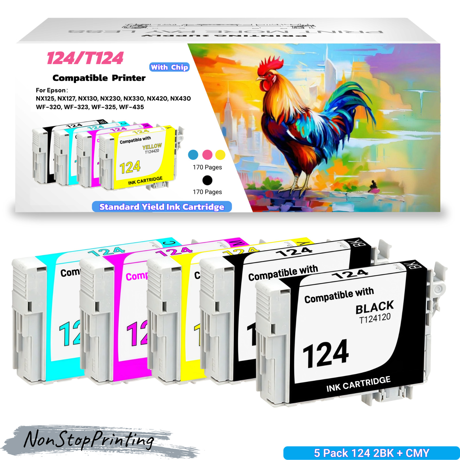 5PK 2BK+CMY Compatible 124/T124 Ink Cartridge for EpsonNX420 NX430 WF-435 WF-325
