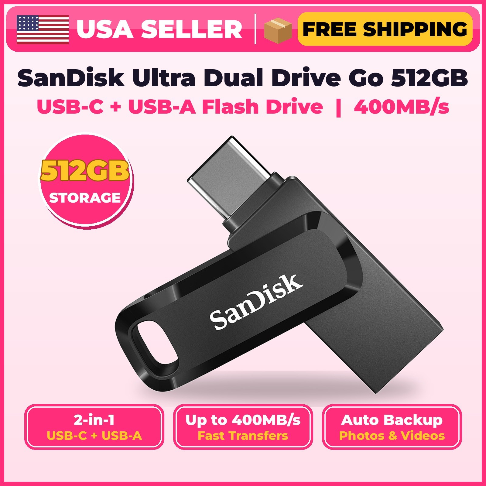 SanDisk Ultra Dual Drive Go 512GB USB-C + USB-A Flash Drive 400MB/s SDDDC3-512G