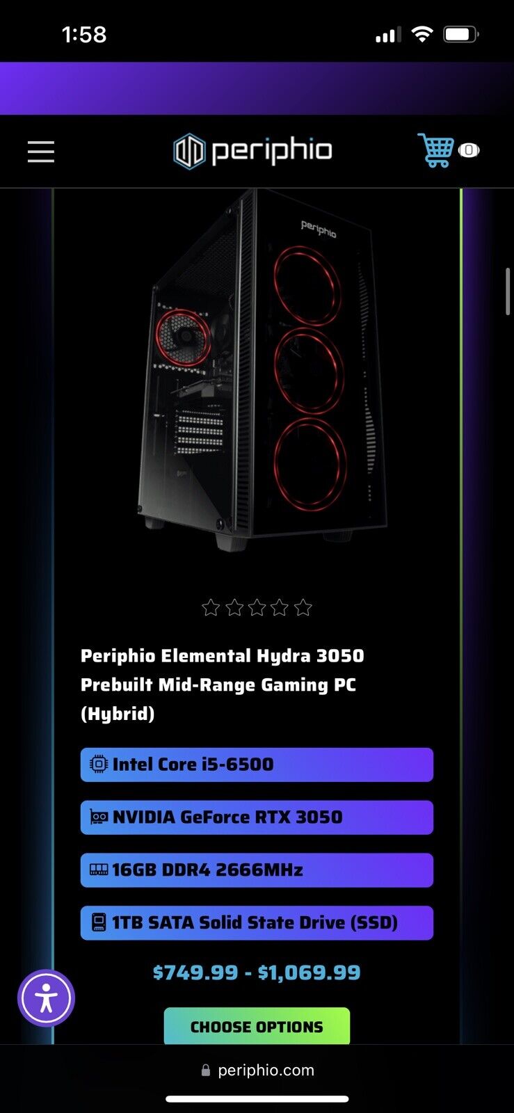 gaming pc Periphio Elemental Hydra 3050 Prebuilt Mid-Range Gaming PC (Hybrid)