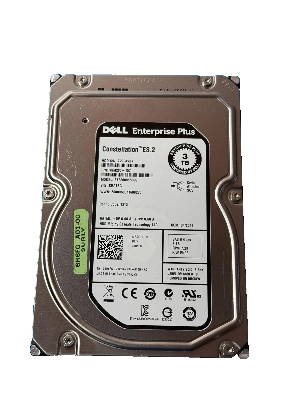 Dell EqualLogic 3TB 7.2K SAS 3.5" Hard Drive 6H6FG PS6500E PS6510E