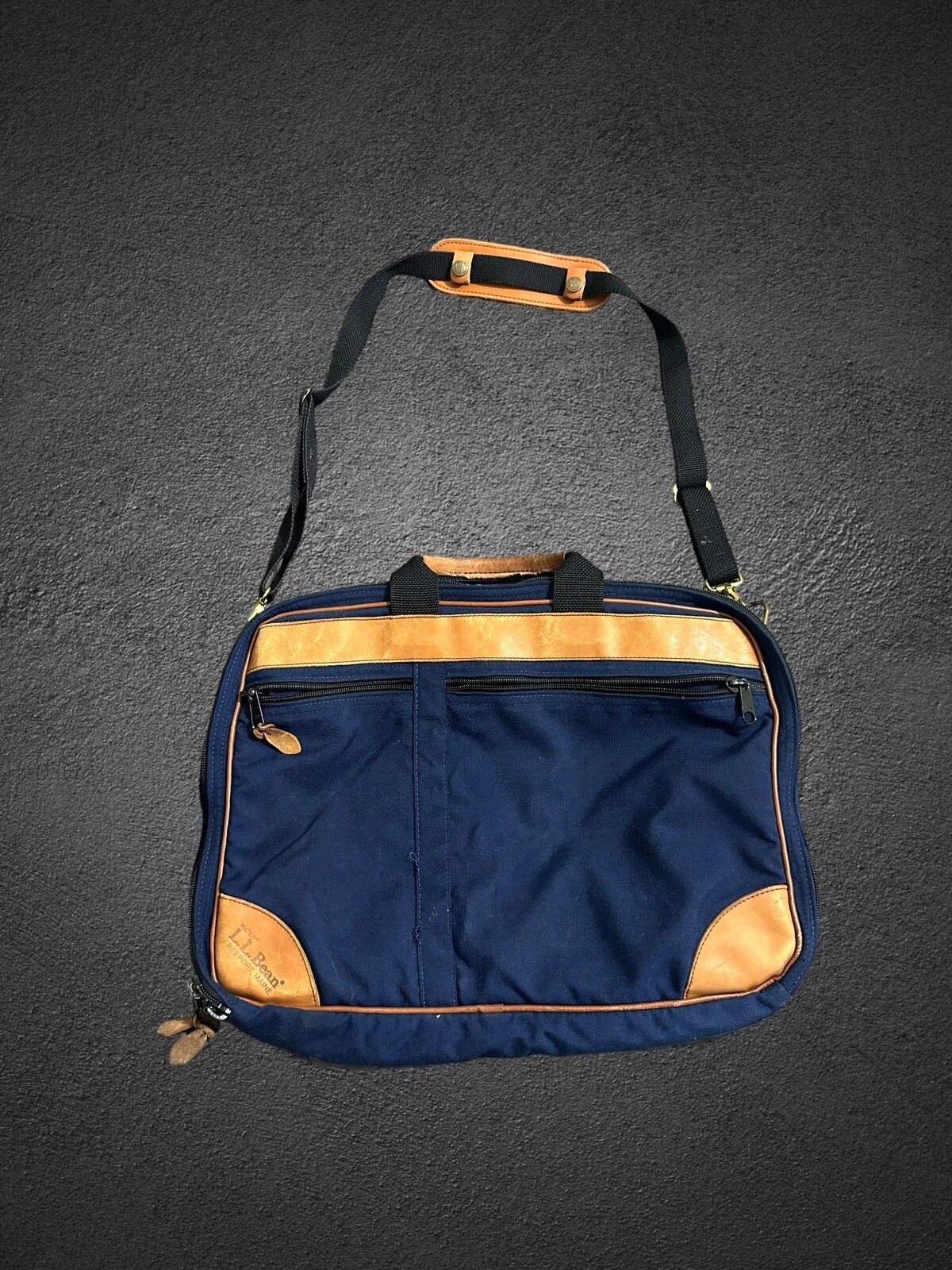 Vintage LL Bean Messenger Bag w/ Leather Trim Strap And Luggage Tag Laptop Case