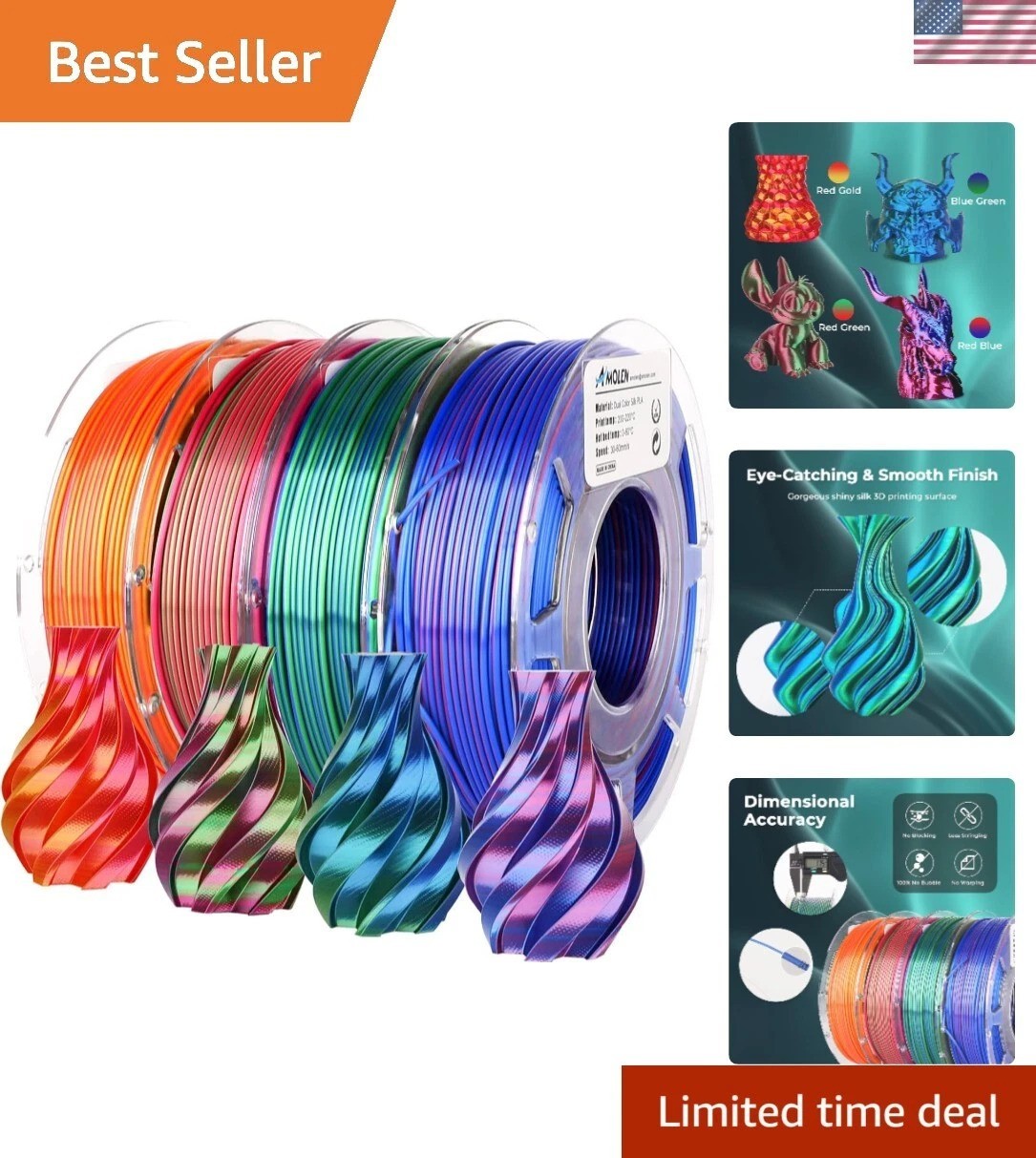 Multicolor 3D Printer Filament Bundle - Precision Silk PLA 1.75mm, 800g Total