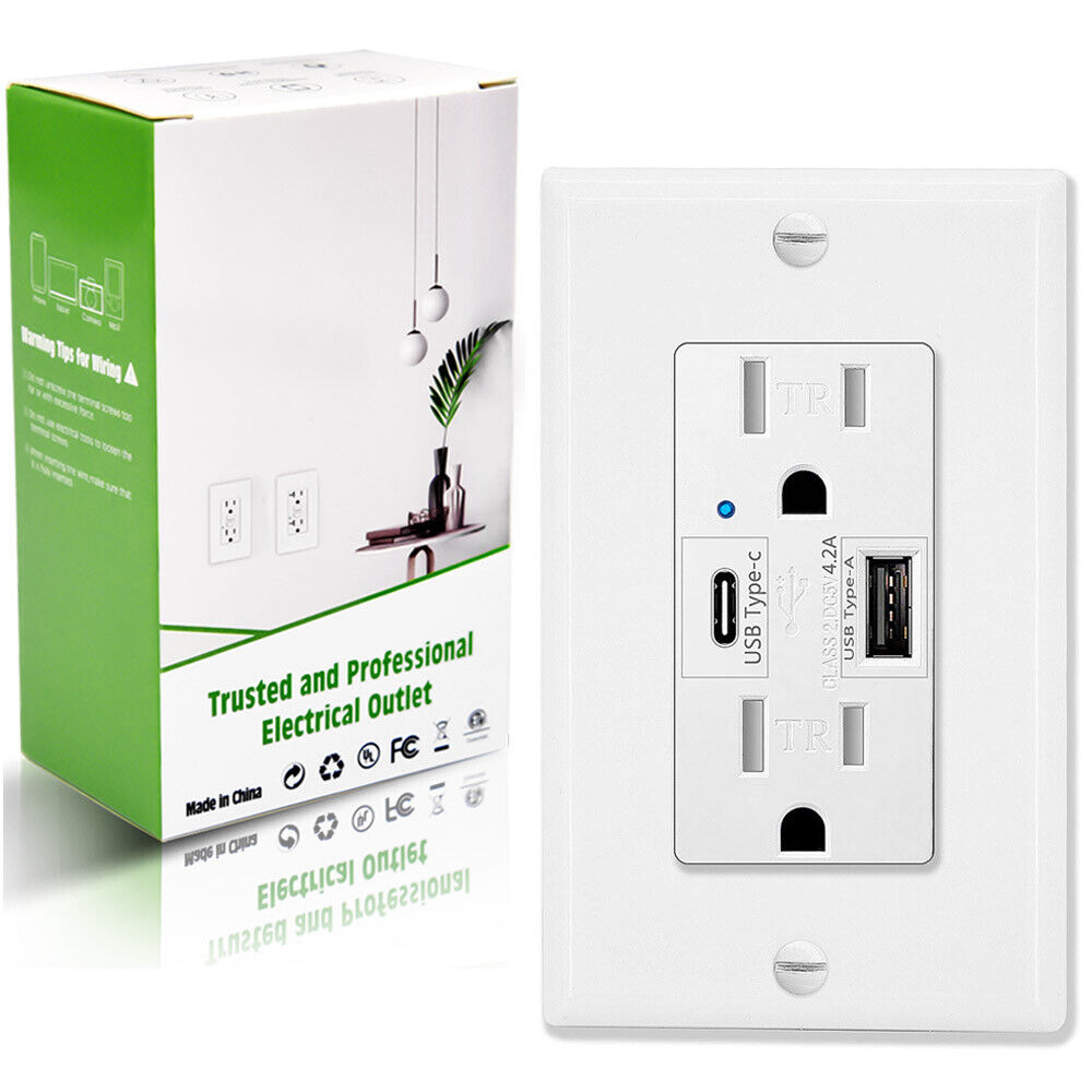 4.2A USB Type C/A Wall Outlet Charger 15Amp Duplex TR Receptacle Plug UL Listed