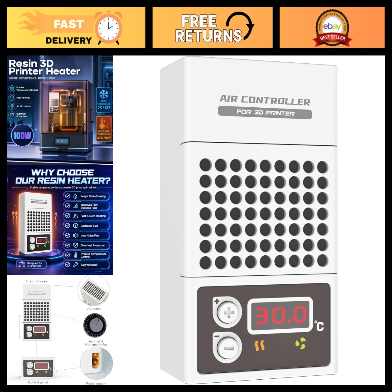 Compact Mini Heater for 3D Printers - 100W Temperature Controller & Thermostat f