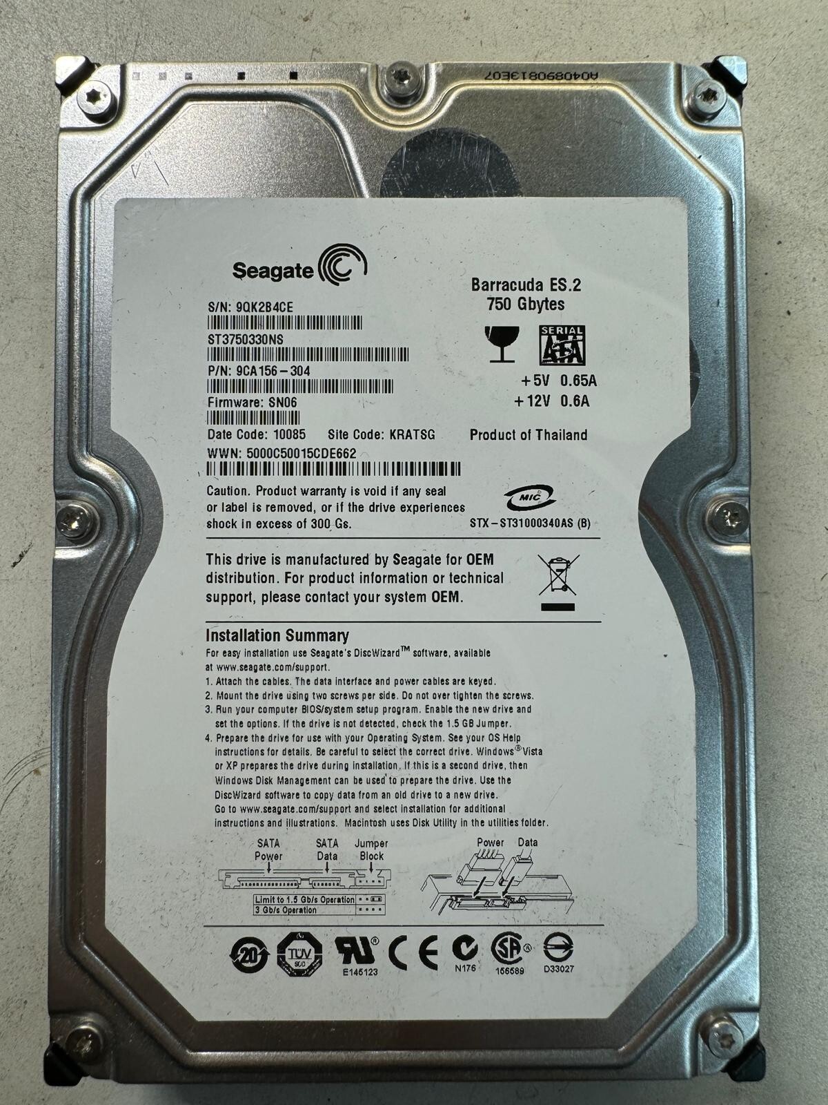 SEAGATE ST3750330NS 9CA156-304 750GB Firmware SN06 Code 10085 SATA 3.5" HDD