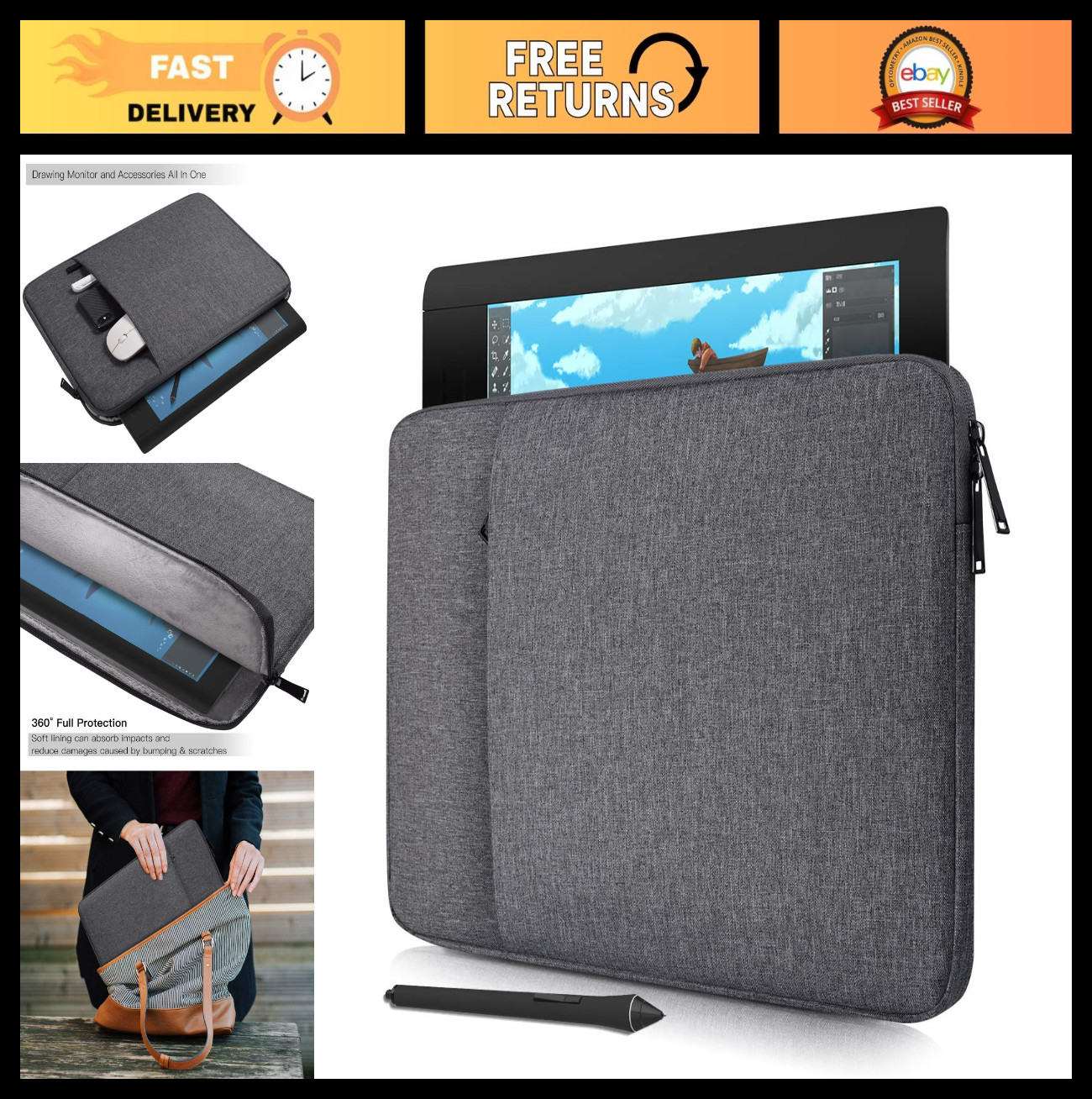 Waterproof Drawing Tablet Sleeve Case for Huion KAMVAS Pro 16