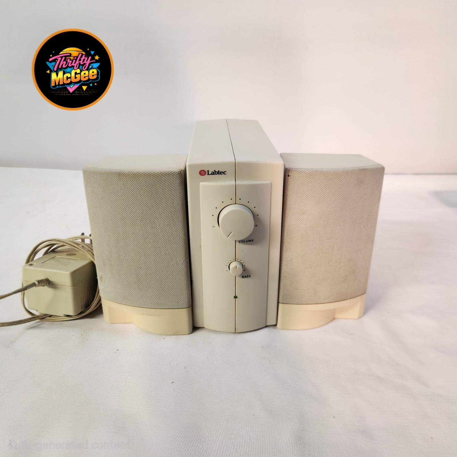 Labtec Computer Amplified Speakers LCS-2420 Vintage Beige 1990s w/ Subwoofer 