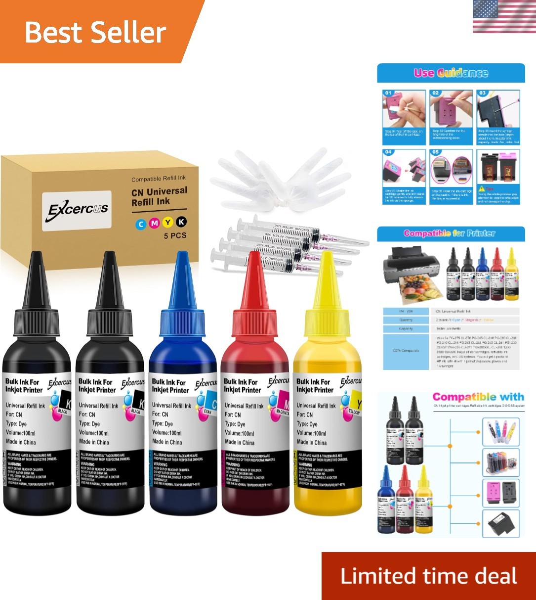Complete 100ml Ink Refill Bundle with 5 Cartridges + 4 Syringes for Easy Filling