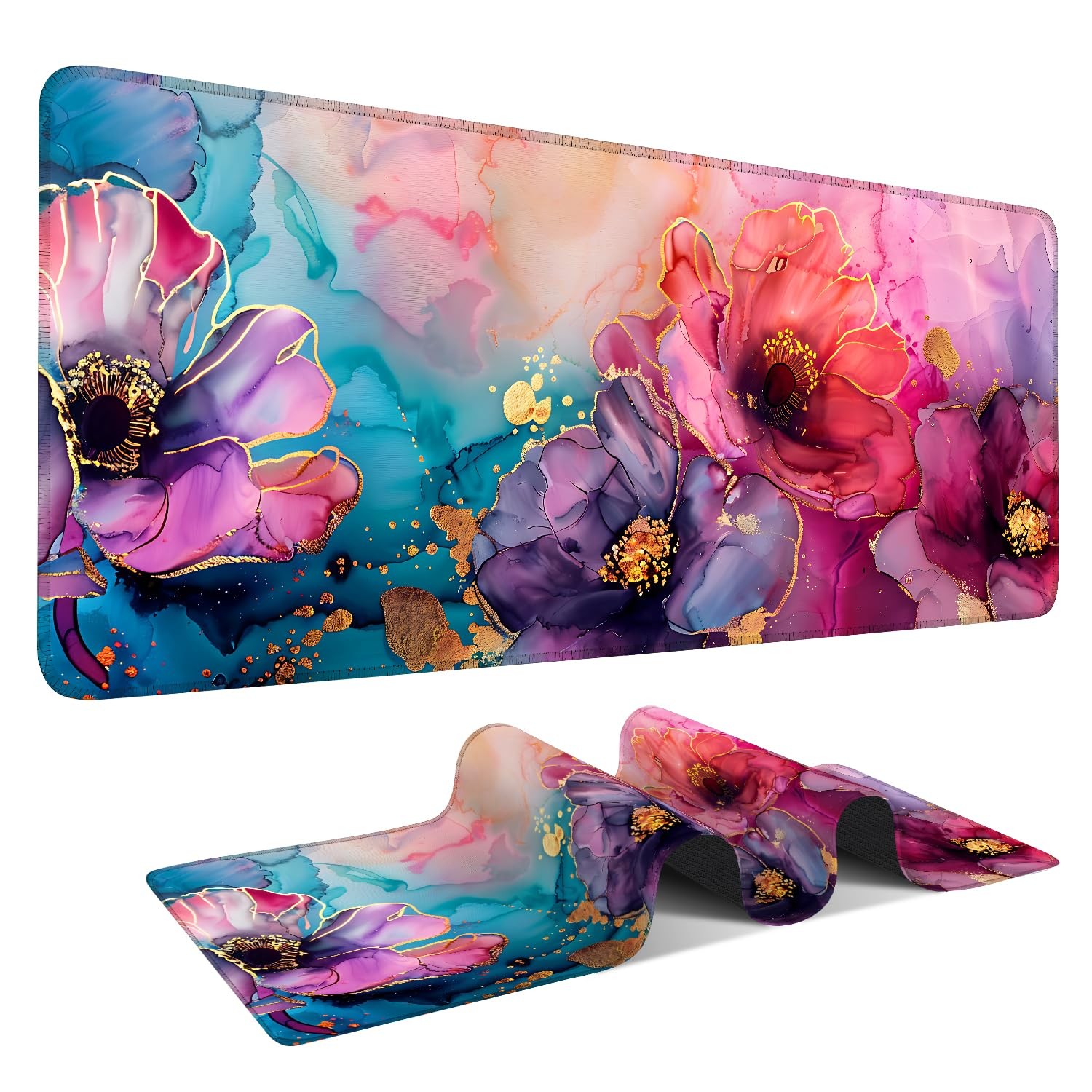 Large Mouse Pad 35.5 x 15.8 in, Floral Ink Extended Gaming Desk Mat with