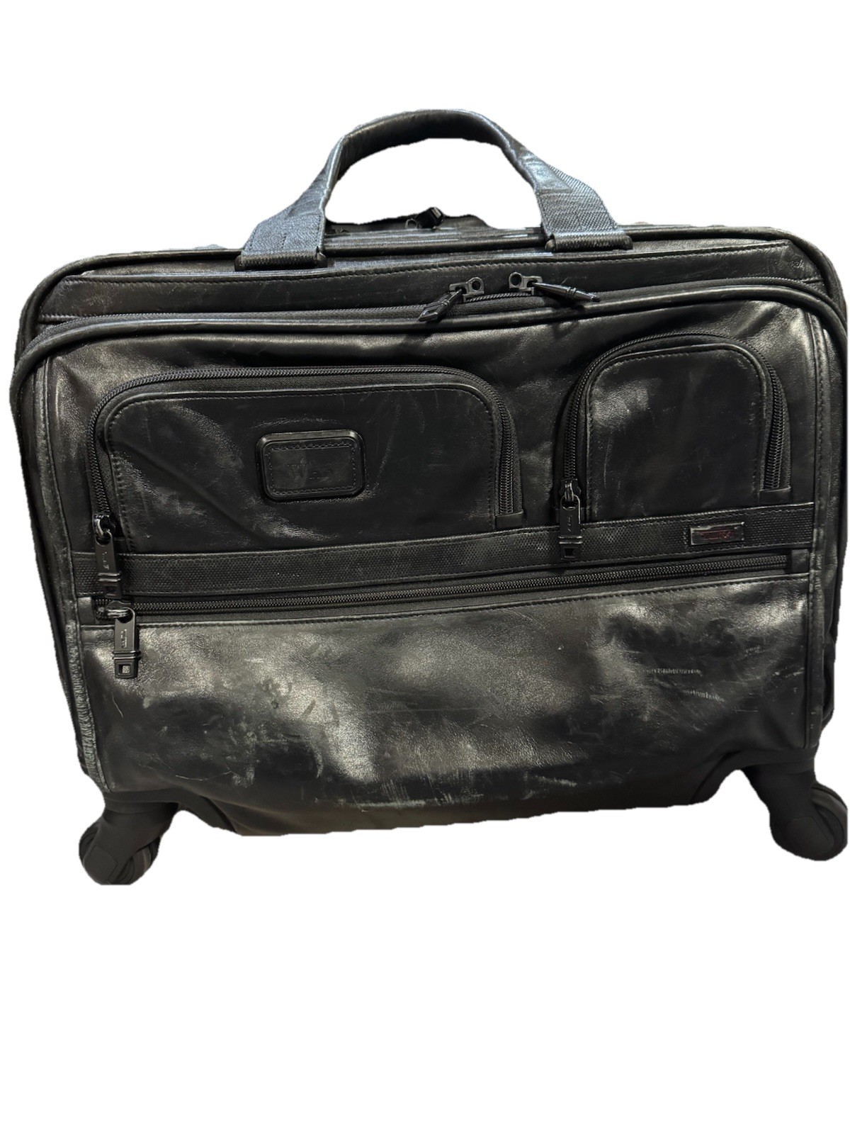 TUMI Alpha 2 4-Wheel Deluxe Rolling Briefcase Laptop Bag Black Leather Business 