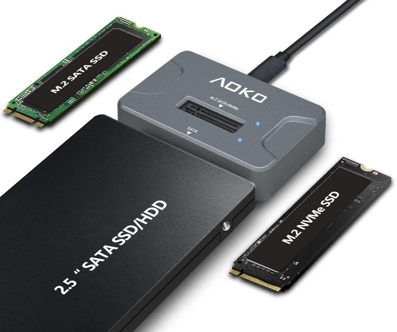 AOKO USB 3.2 M.2 NVMe SATA SSD & 2.5" SATA Hard Drive Adapter Reader AE10GR