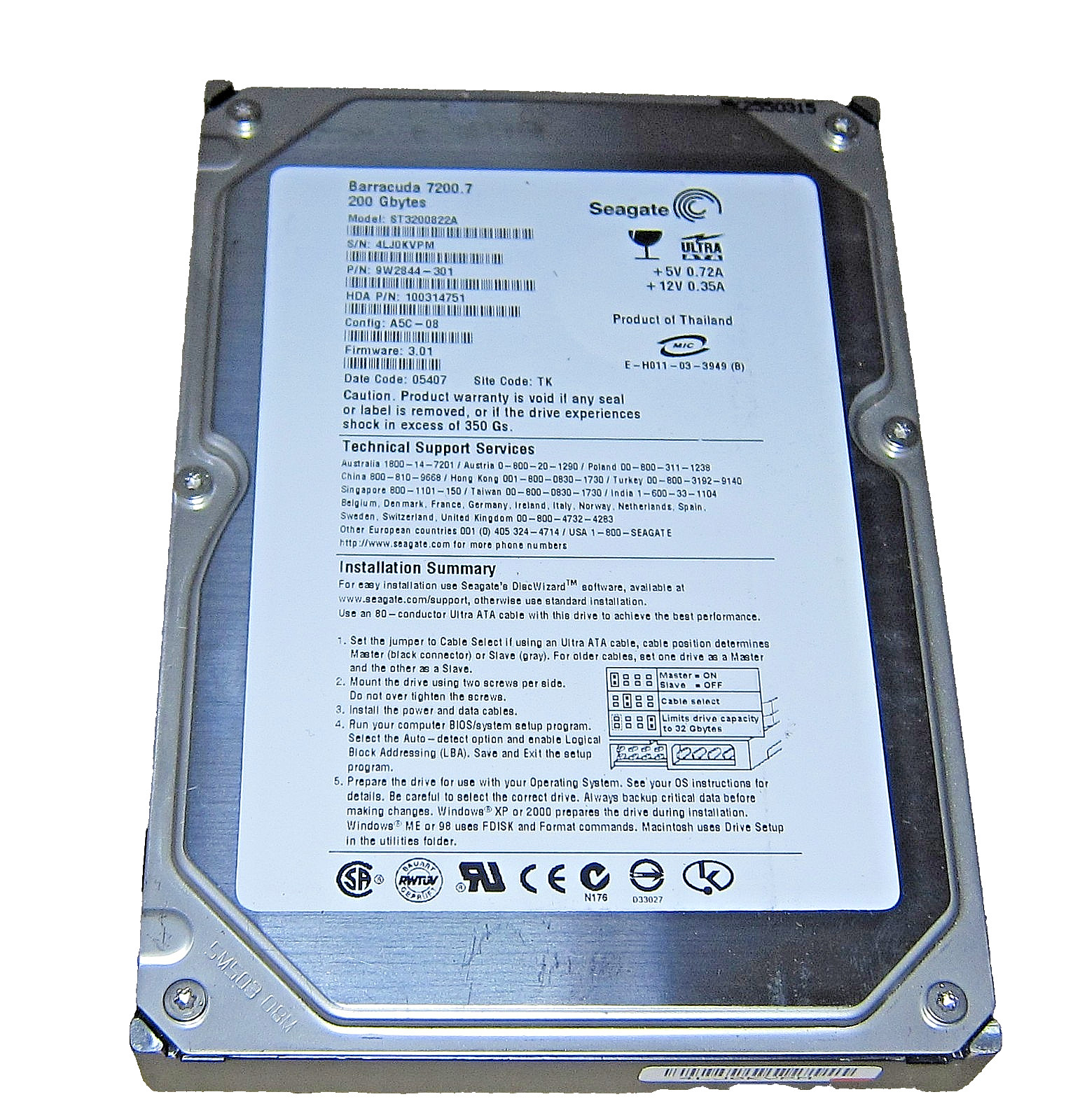 Genuine 200GB Seagate Barracuda 7200.7 ST3200822A 3.5'' IDE Hard Disk Drive