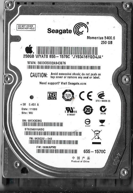 Seagate ST9250315ASG 250GB Sata Hard Drive P/N: 9KAG32-042 5VC WU F/W: 0008APM2