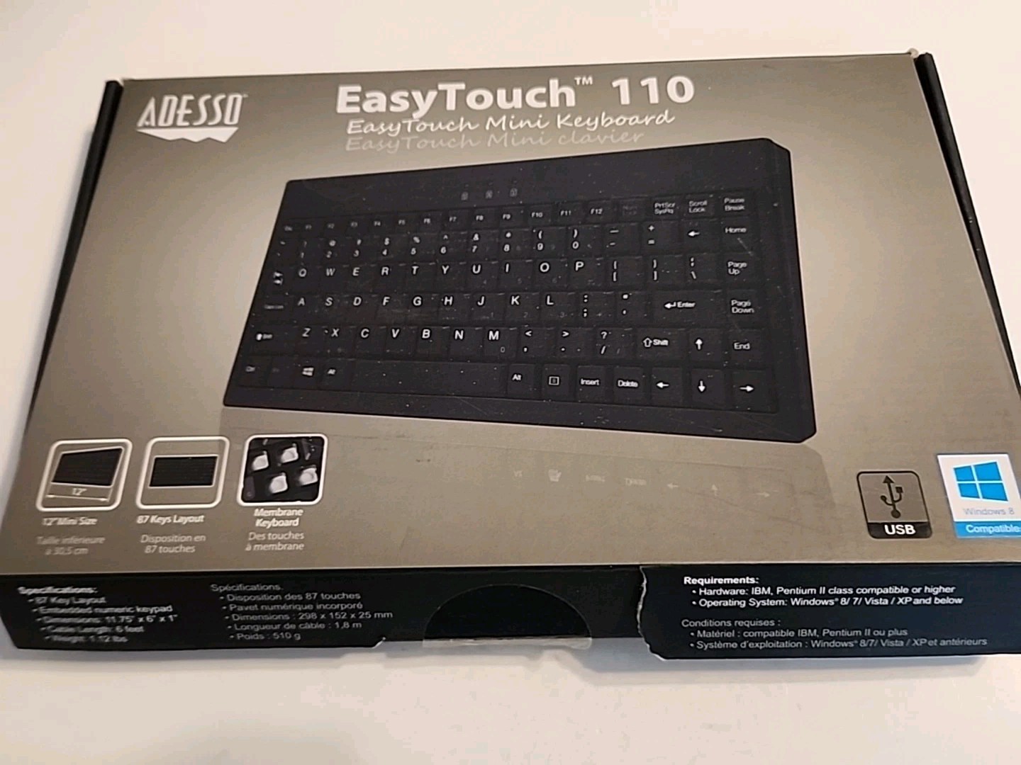 Adesso EasyTouch 110 Mini Wired Keyboard USB 87-Key Compact Slim AKB-110B New